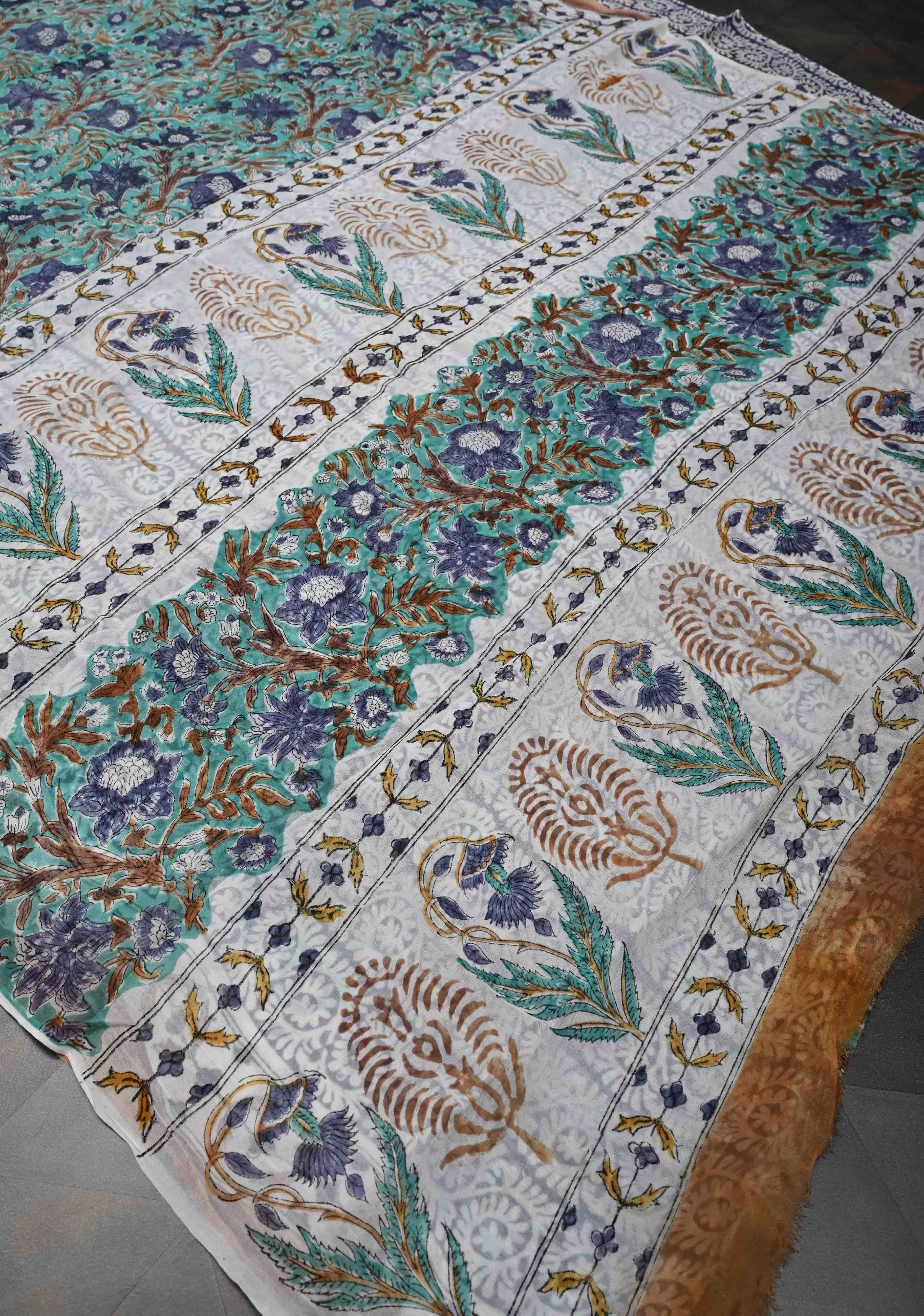 Teal Blue Georgette Saree with Sanganeri Hand Block Print | Shobitam