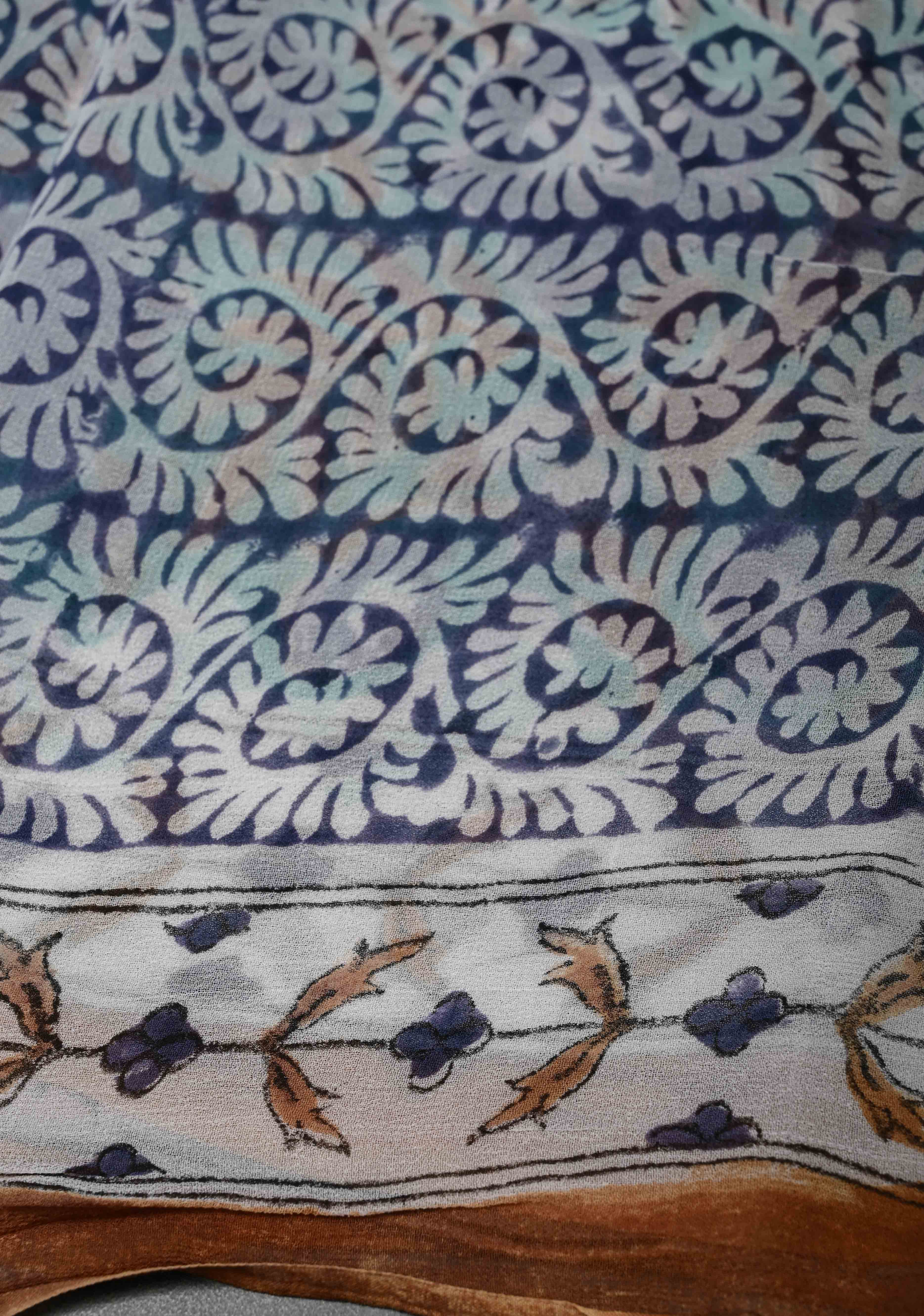 Teal Blue Georgette Saree with Sanganeri Hand Block Print | Shobitam