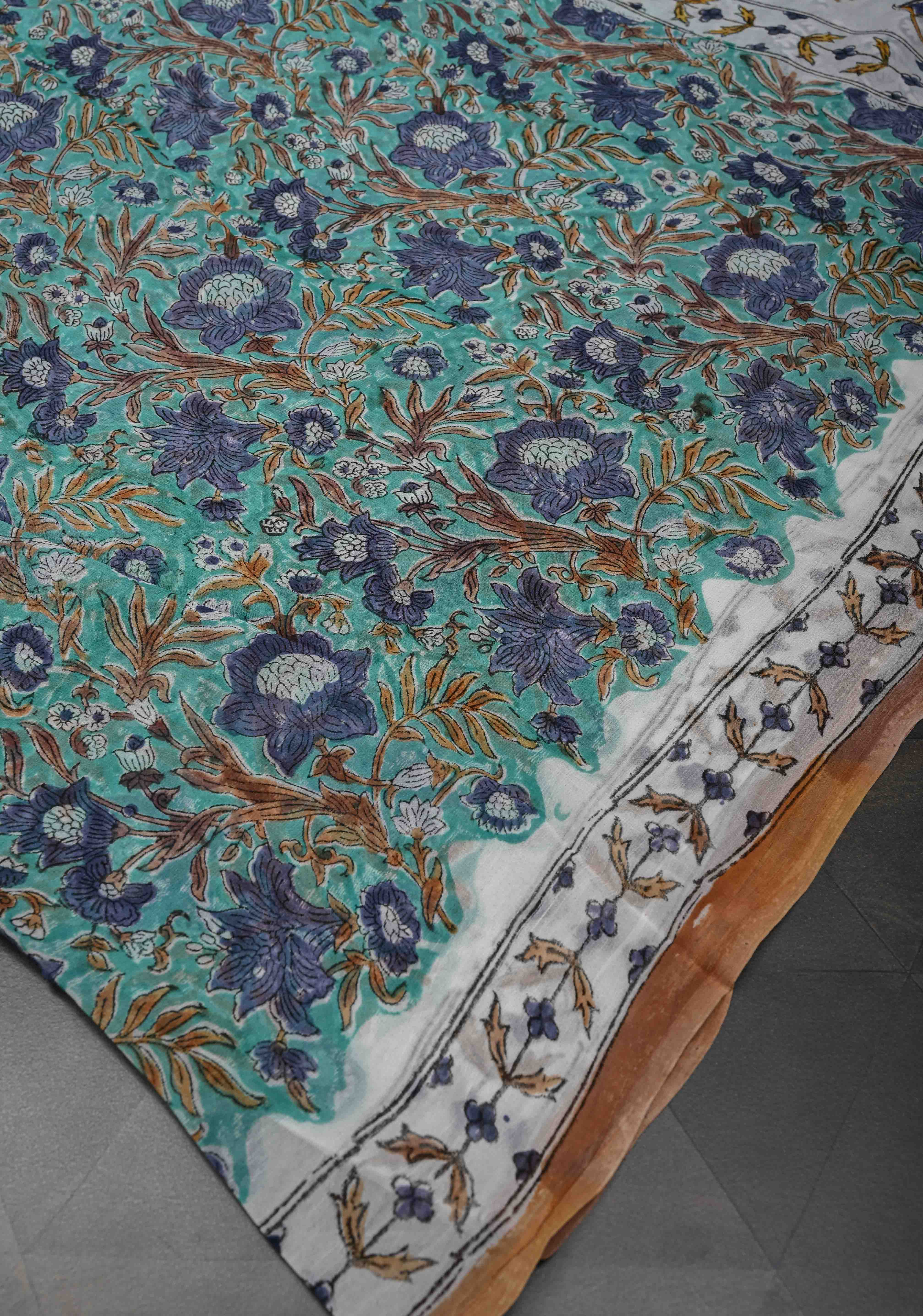 Teal Blue Georgette Saree with Sanganeri Hand Block Print | Shobitam