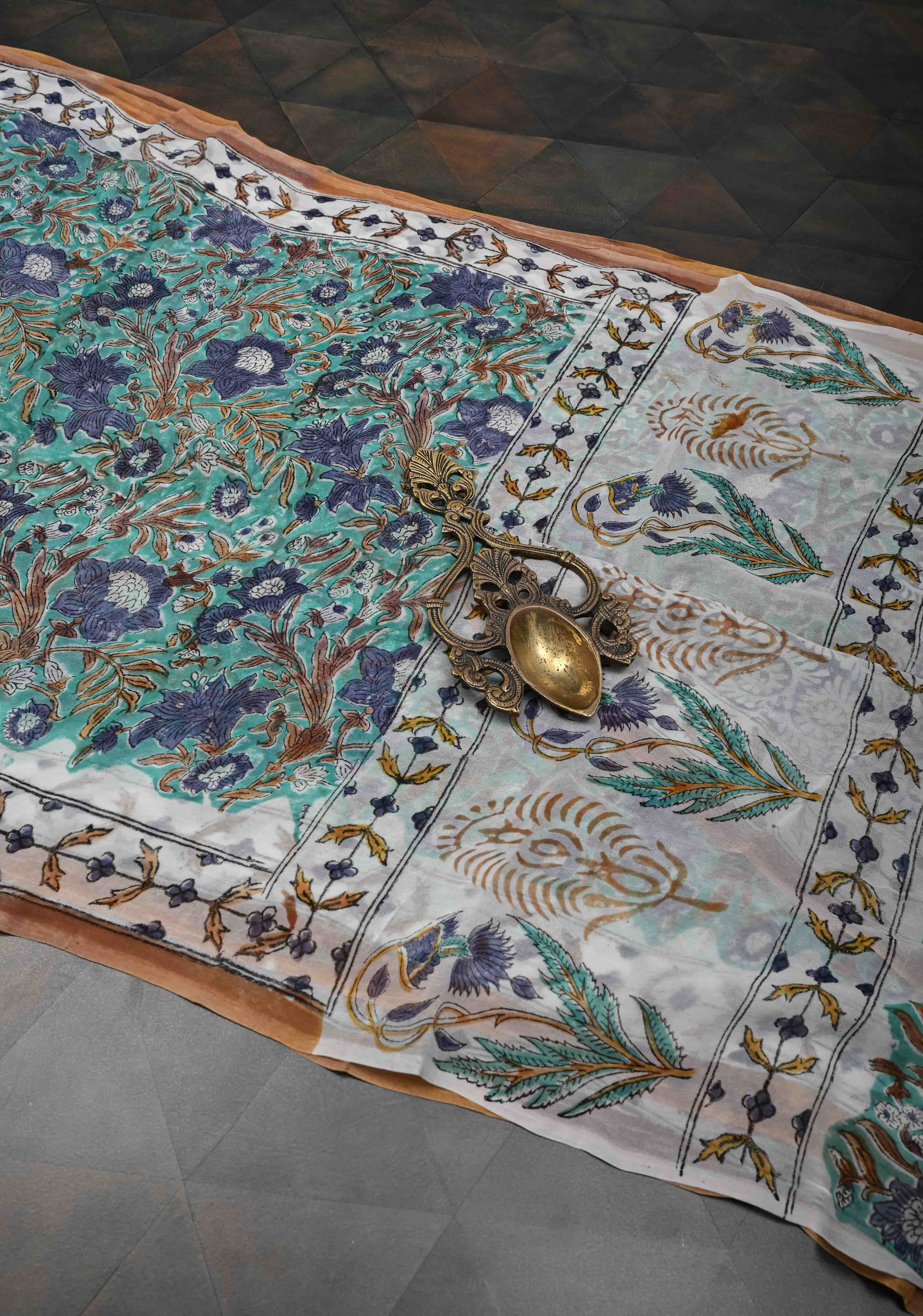 Teal Blue Georgette Saree with Sanganeri Hand Block Print | Shobitam