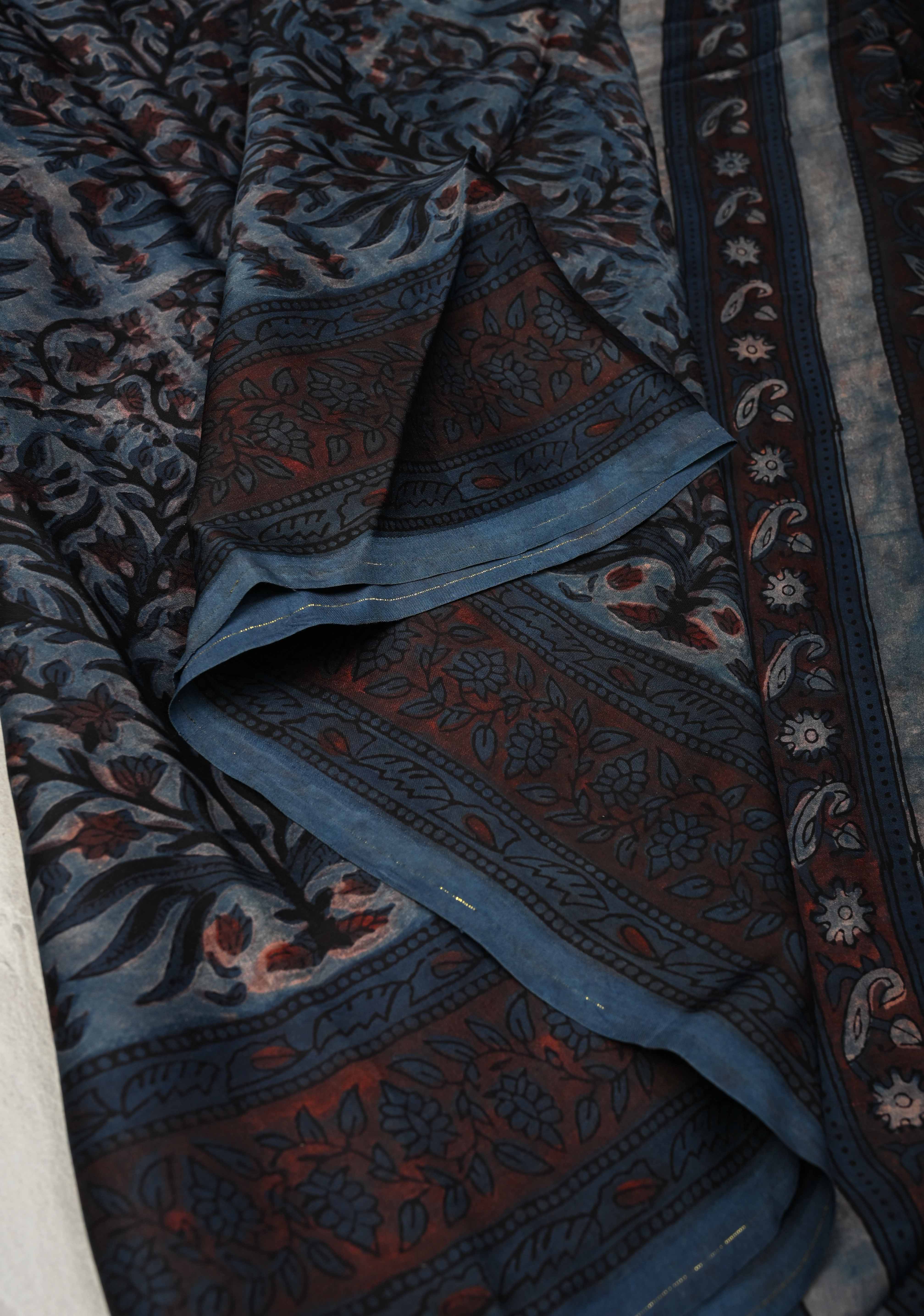 Airforce Blue Vanaspati Hand Block Print on Modal Silk Saree | Shobitam