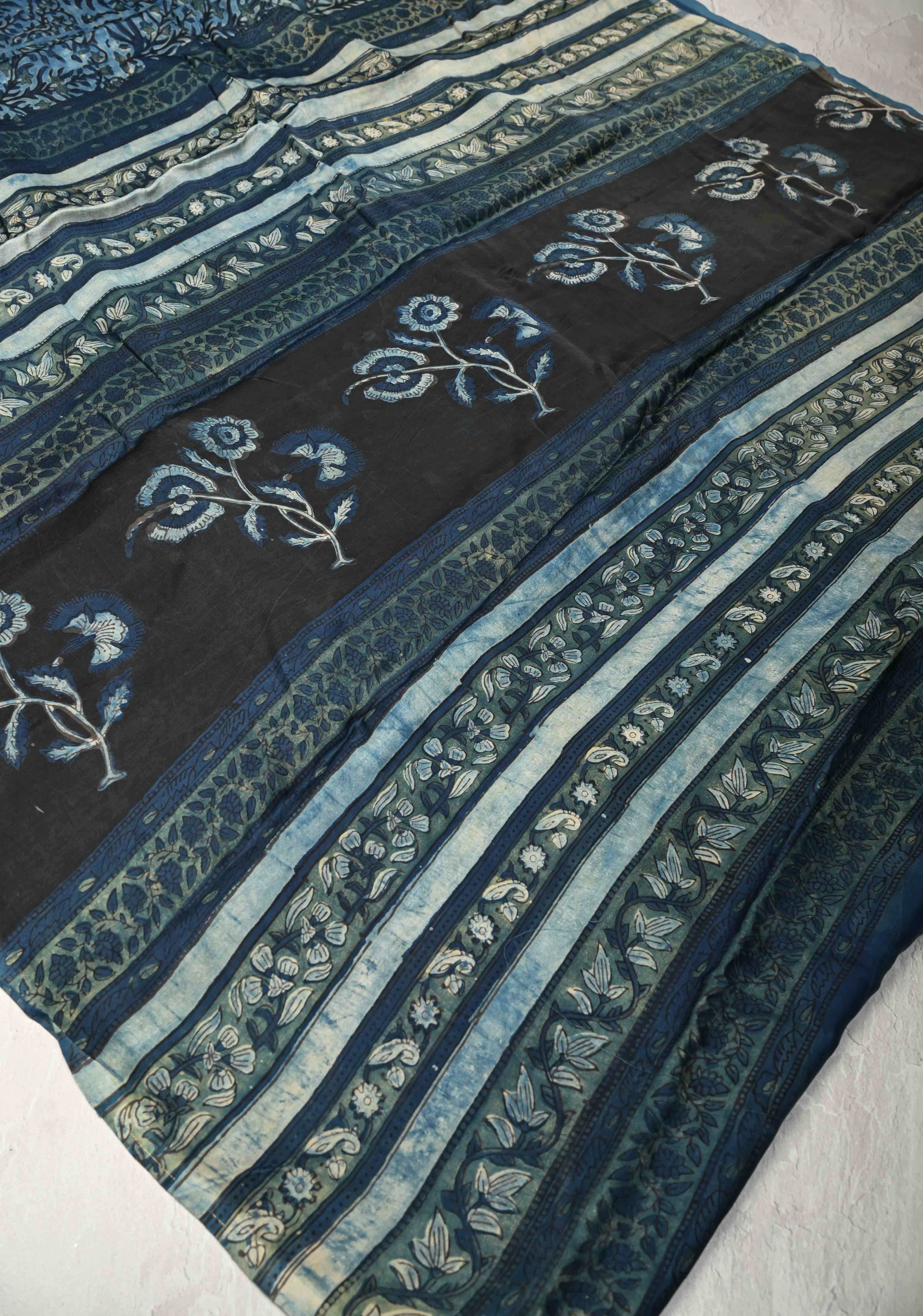 Carolina Blue Vanaspati Hand Block Print on Modal Silk Saree | Shobitam