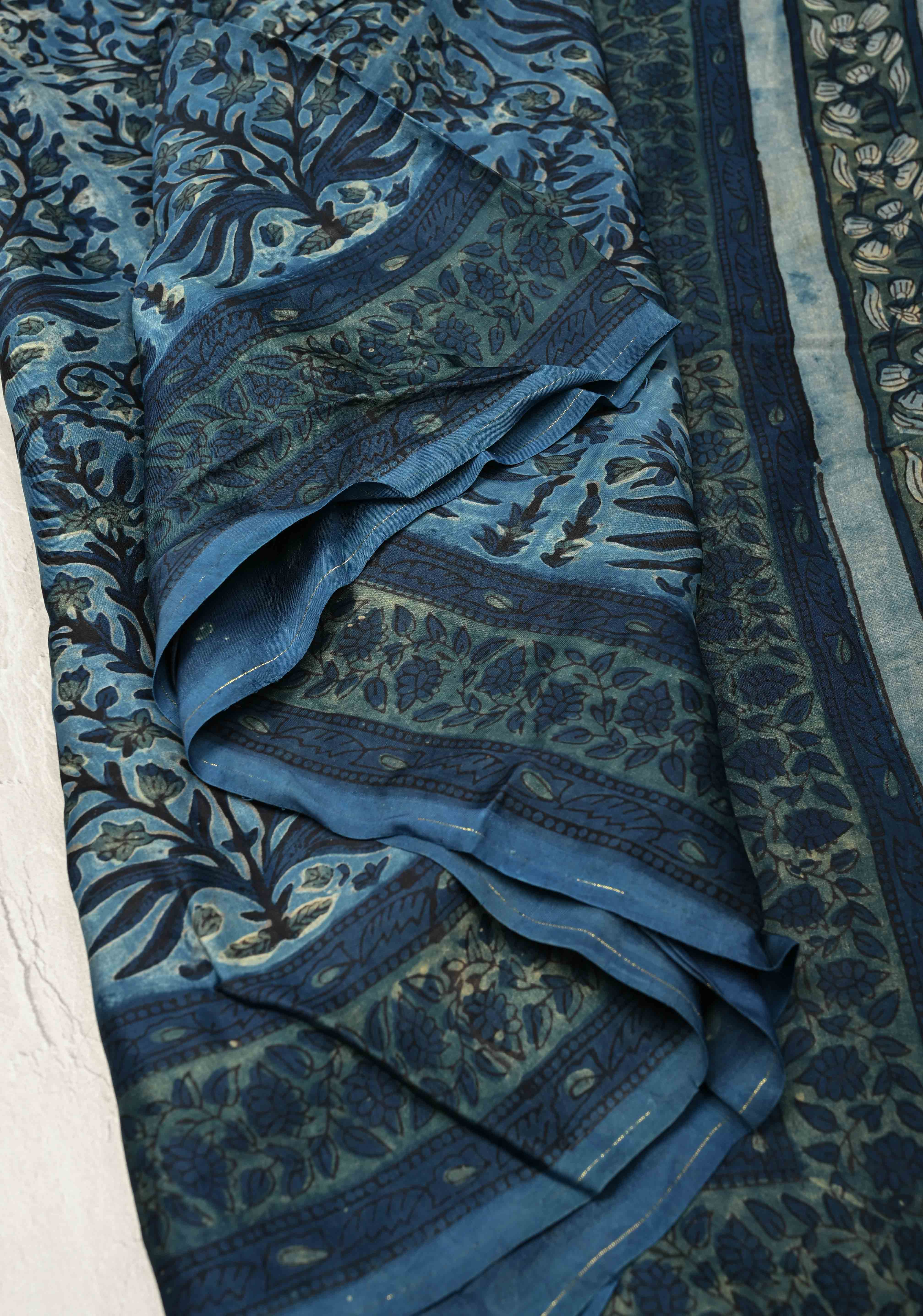 Carolina Blue Vanaspati Hand Block Print on Modal Silk Saree | Shobitam