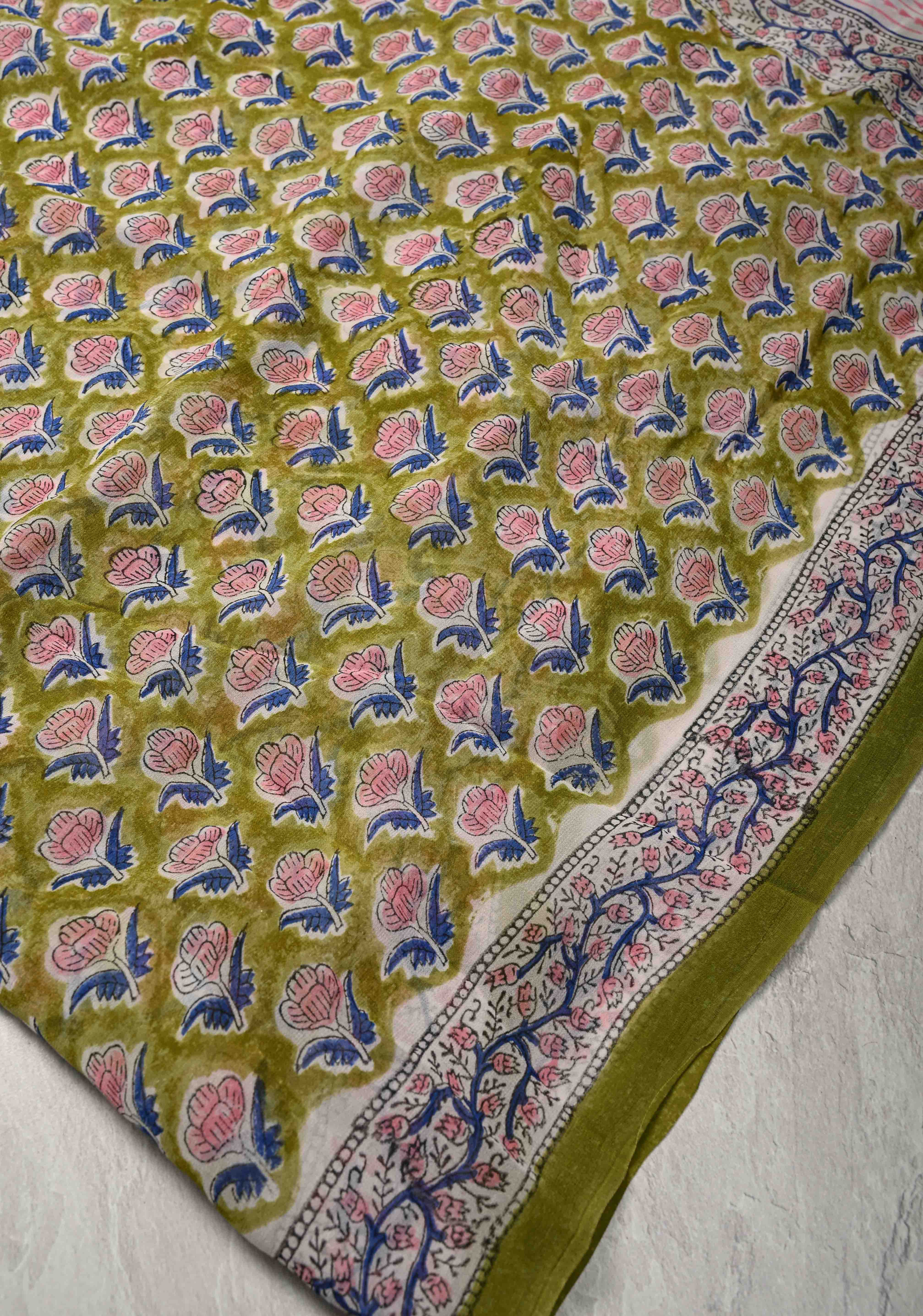 Olive Green Georgette Saree with Sanganeri Hand Block Print | Shobitam