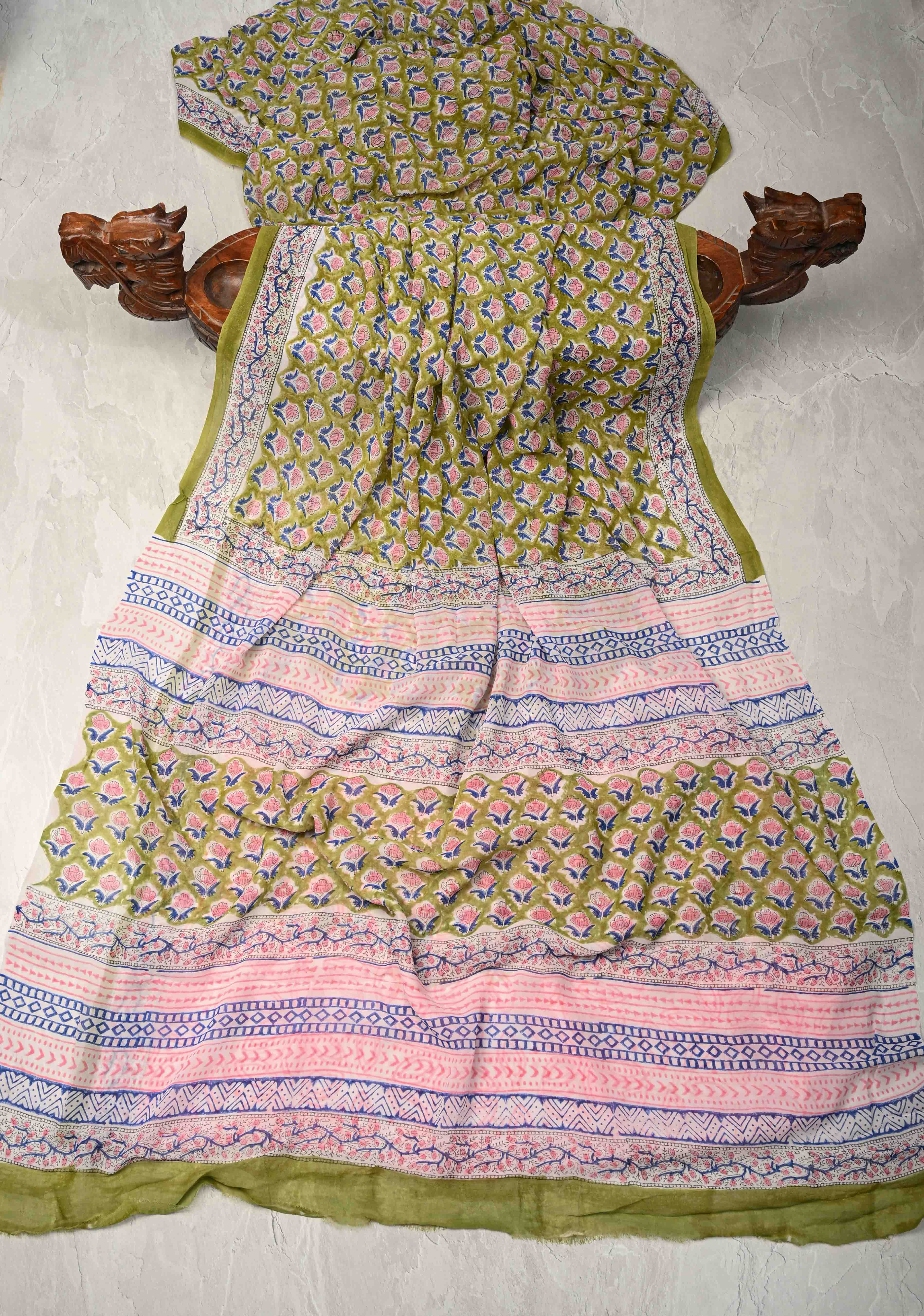 Olive Green Georgette Saree with Sanganeri Hand Block Print | Shobitam