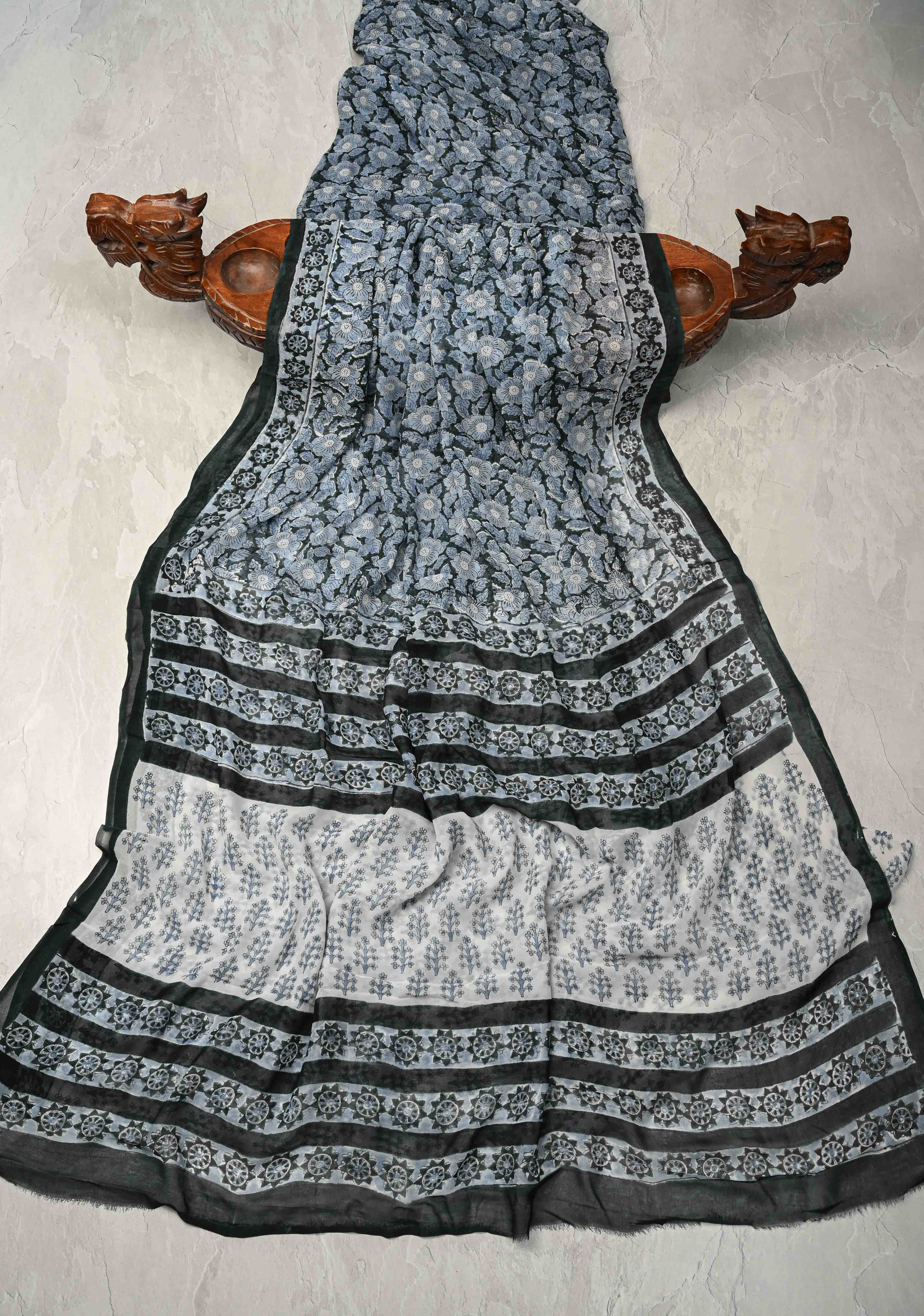 Green Georgette Saree with Sanganeri Hand Block Print | SHOBITAM