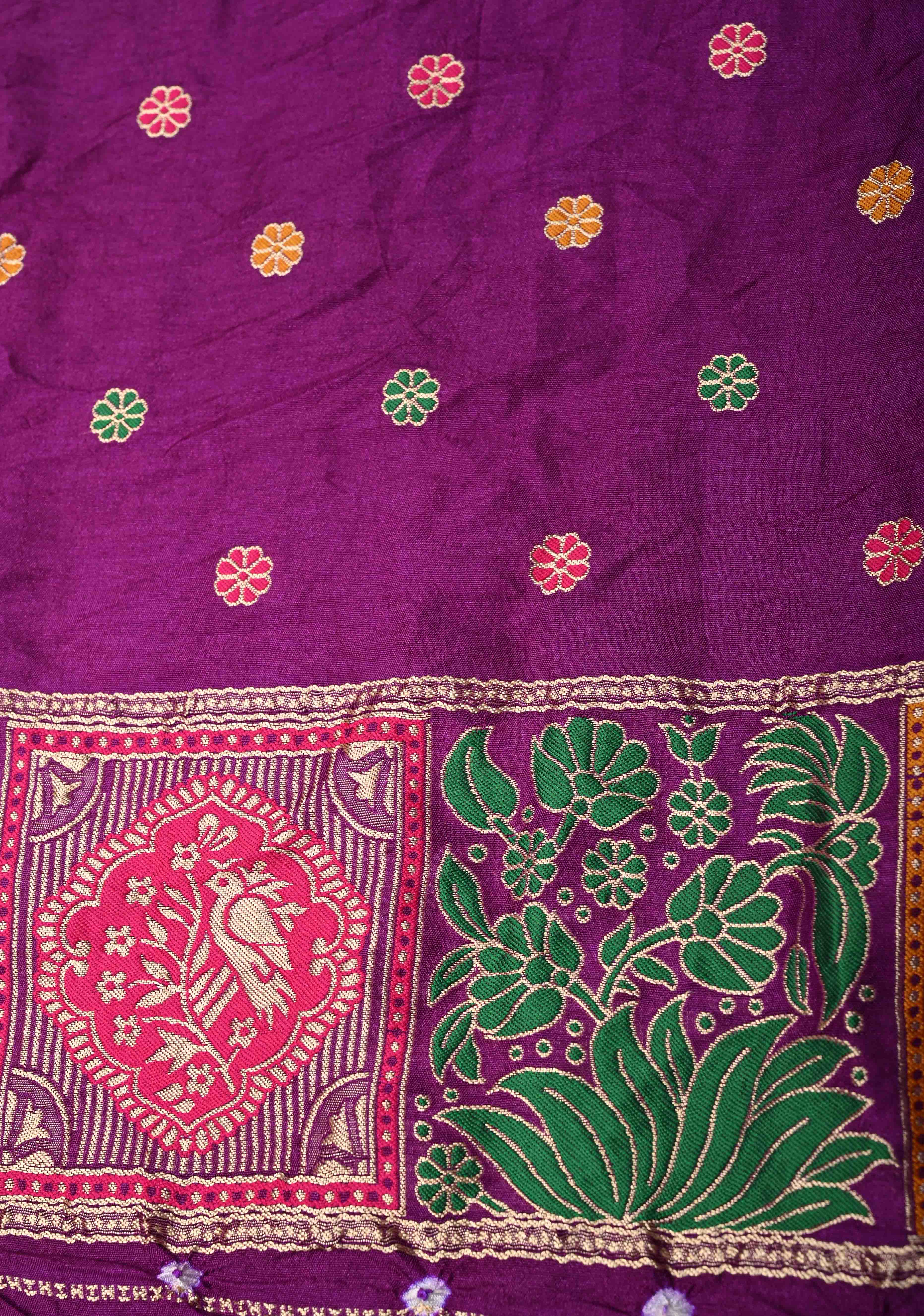 Dark Purple Crushed  Bandhani on Art Silk Saree with Meenakari Floral Zari Border and pallu | Shobitam