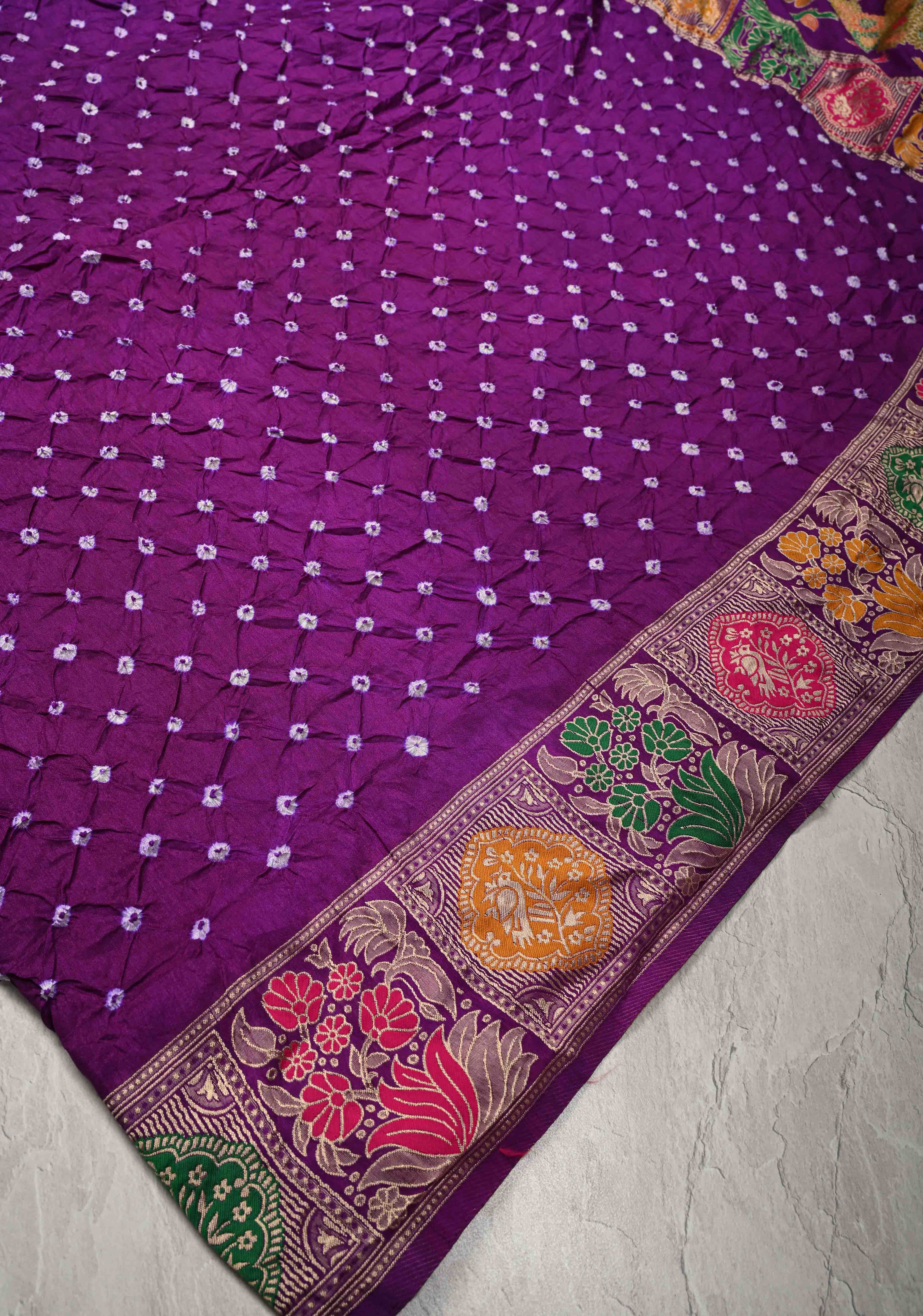 Dark Purple Crushed  Bandhani on Art Silk Saree with Meenakari Floral Zari Border and pallu | Shobitam