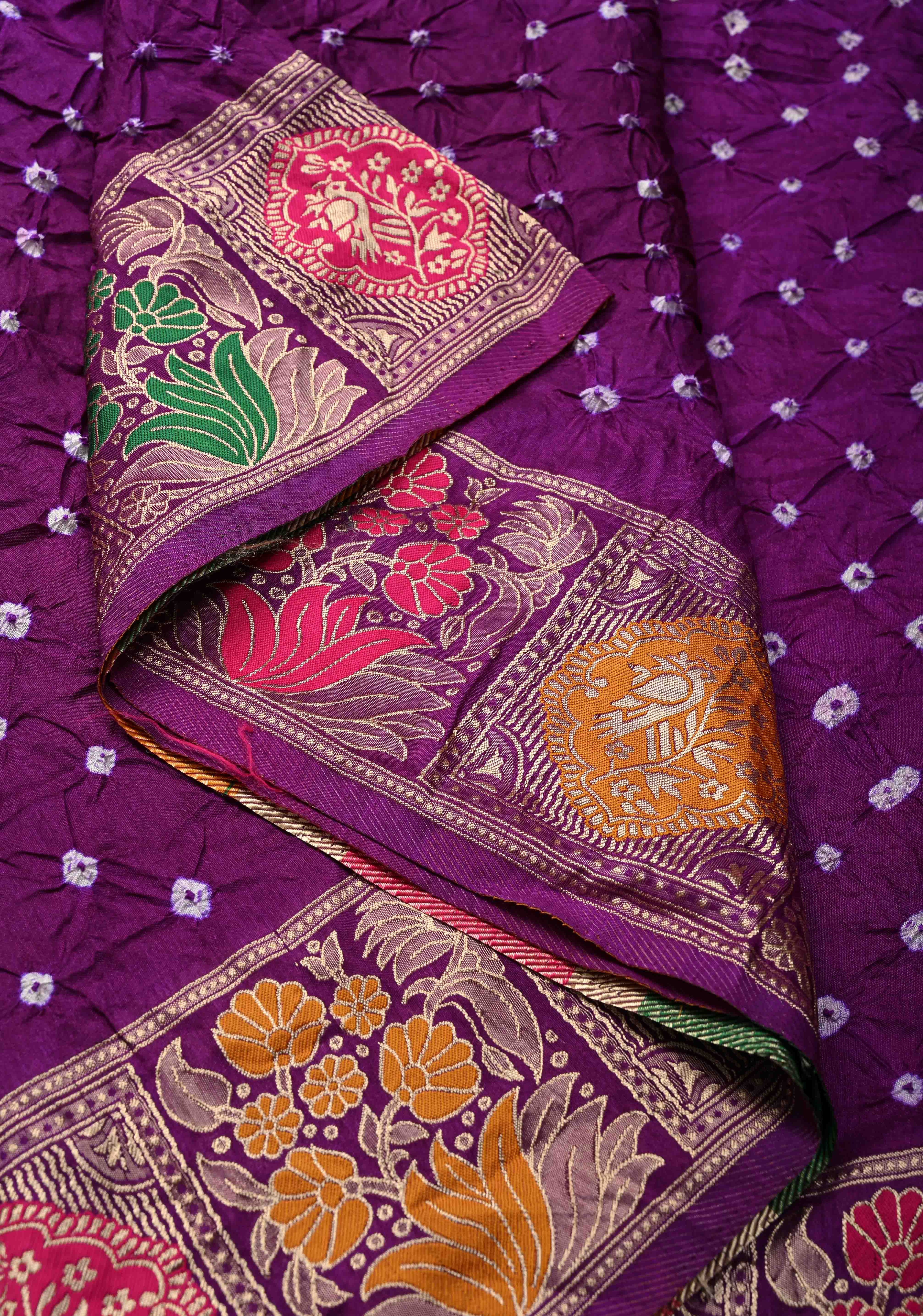 Dark Purple Crushed  Bandhani on Art Silk Saree with Meenakari Floral Zari Border and pallu | Shobitam