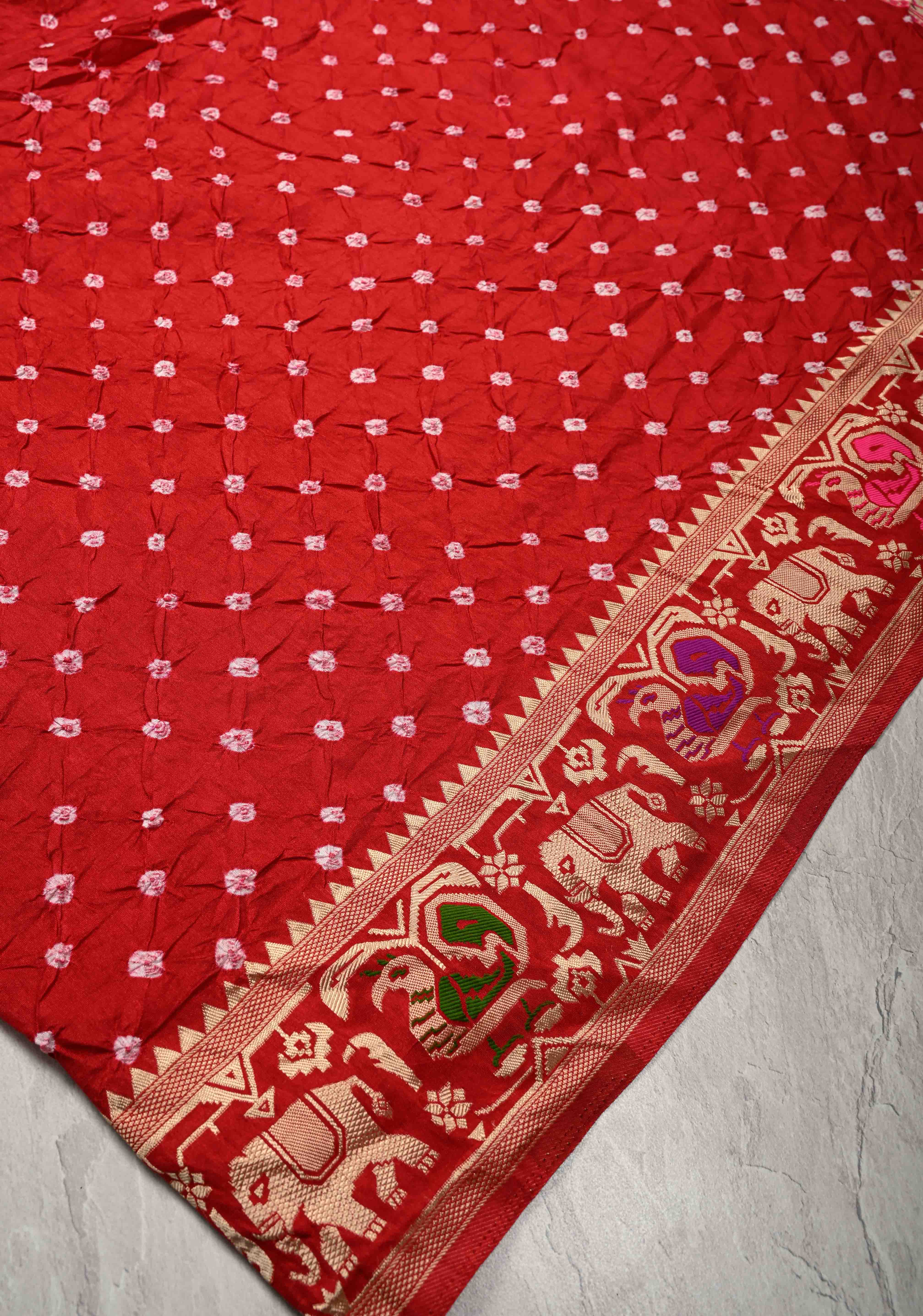 Deep Red Crushed  Bandhani on Art Silk Saree with Meenakari Floral Zari Border and pallu | Shobitam