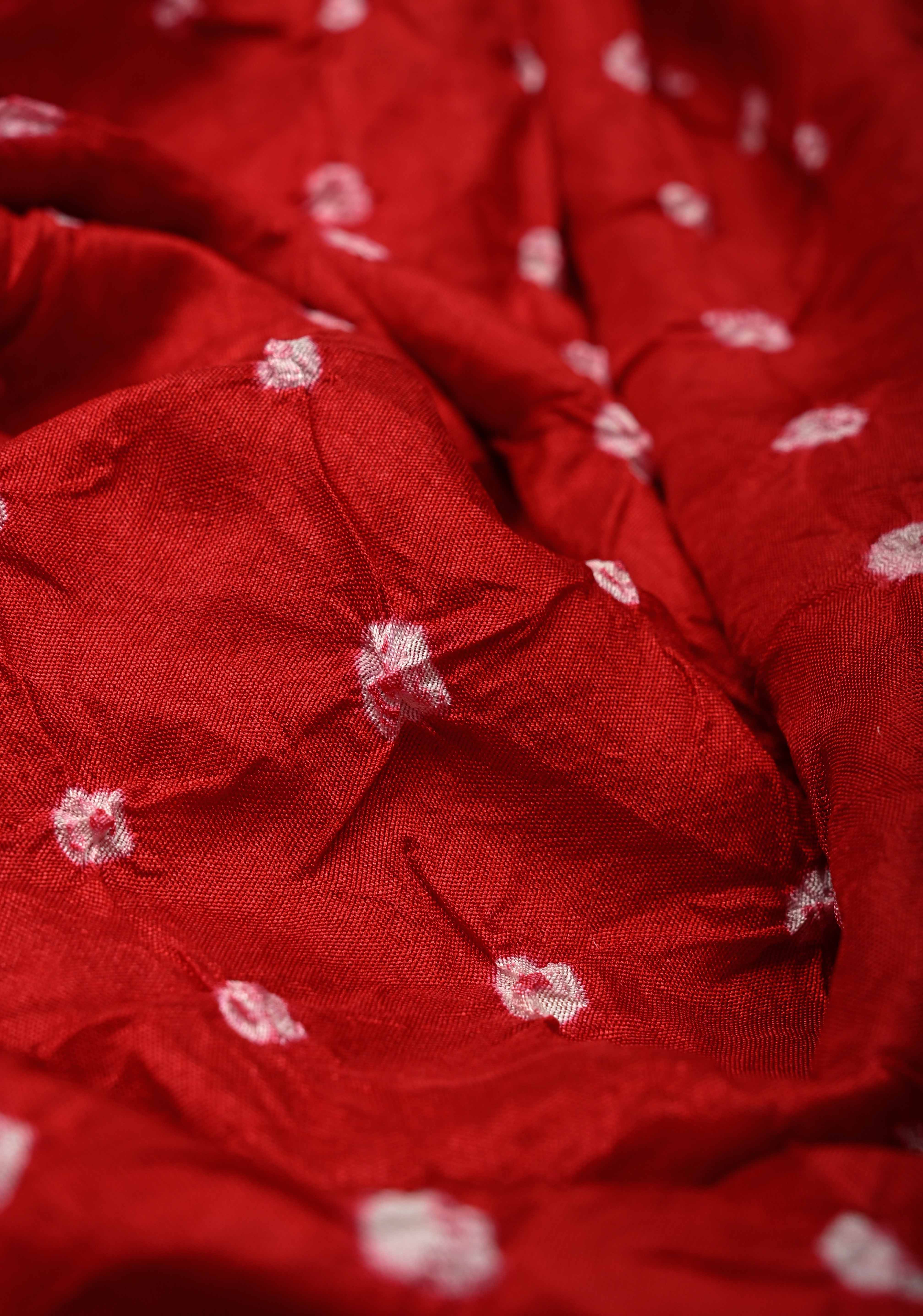 Deep Red Crushed  Bandhani on Art Silk Saree with Meenakari Floral Zari Border and pallu | Shobitam