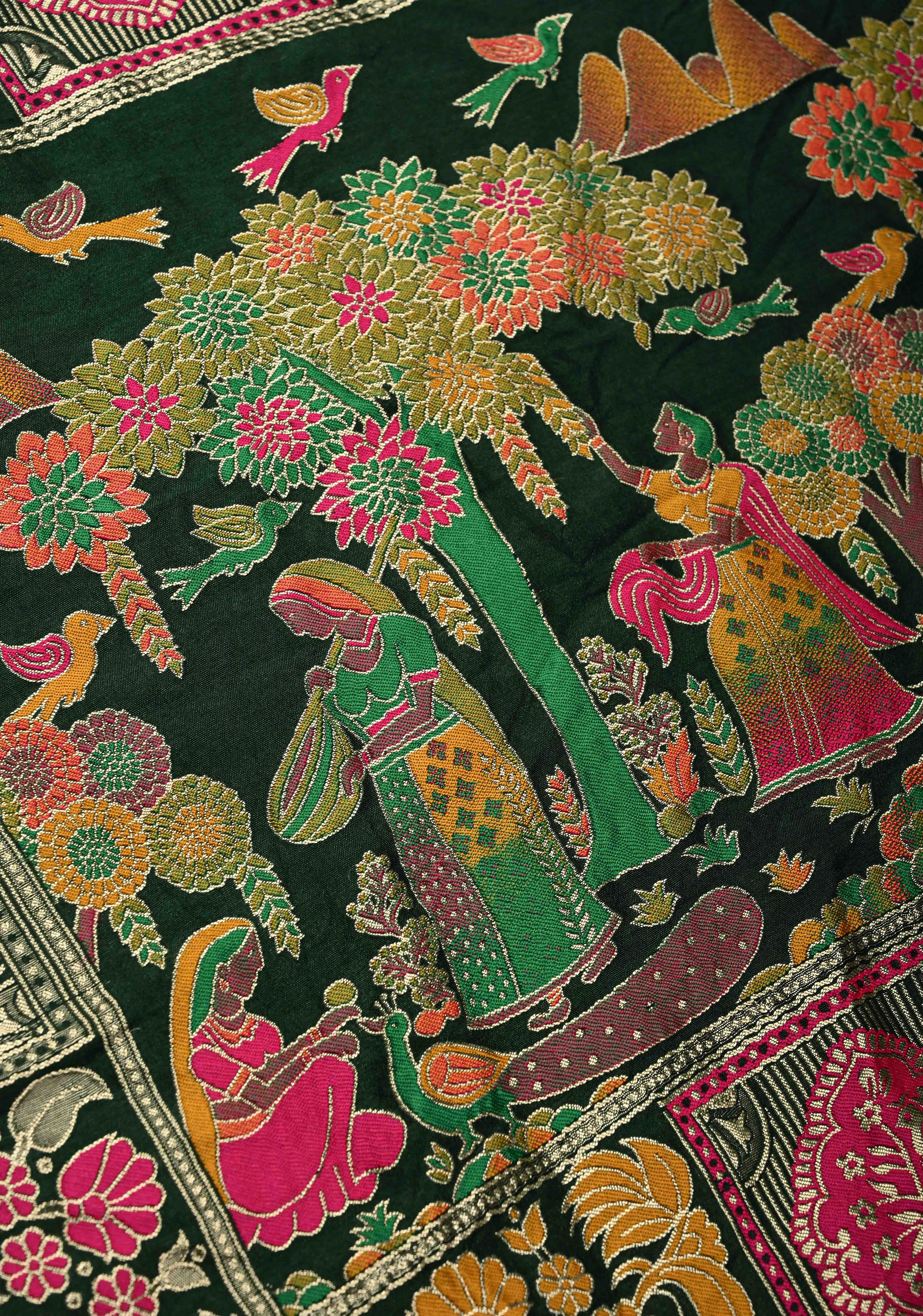 Dark Green Crushed Bandhini on Art Silk Saree with Meenakari Zari Border and Village Theme Pallu | Shobitam