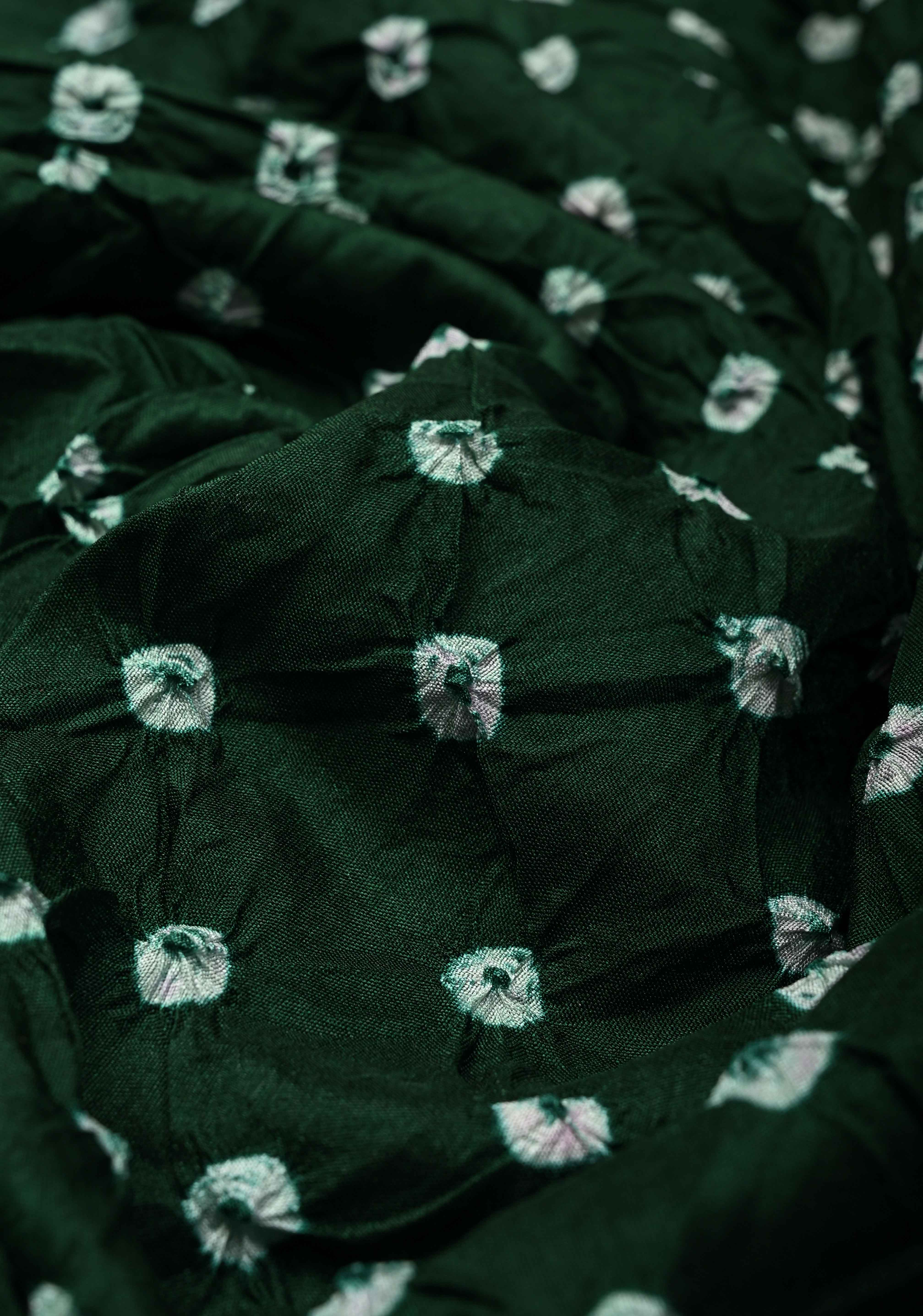 Dark Green Crushed Bandhini on Art Silk Saree with Meenakari Zari Border and Village Theme Pallu | Shobitam