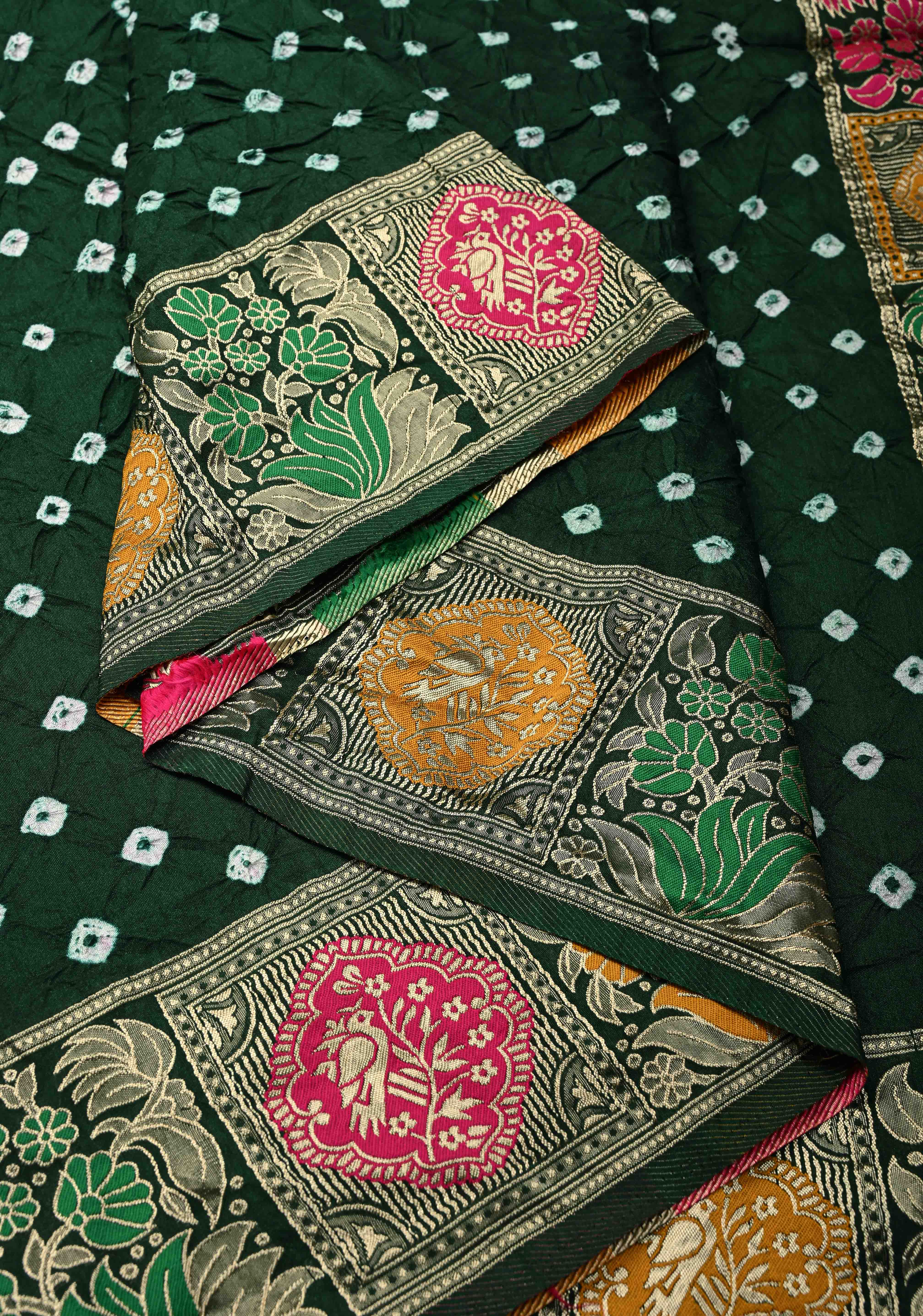 Dark Green Crushed Bandhini on Art Silk Saree with Meenakari Zari Border and Village Theme Pallu | Shobitam