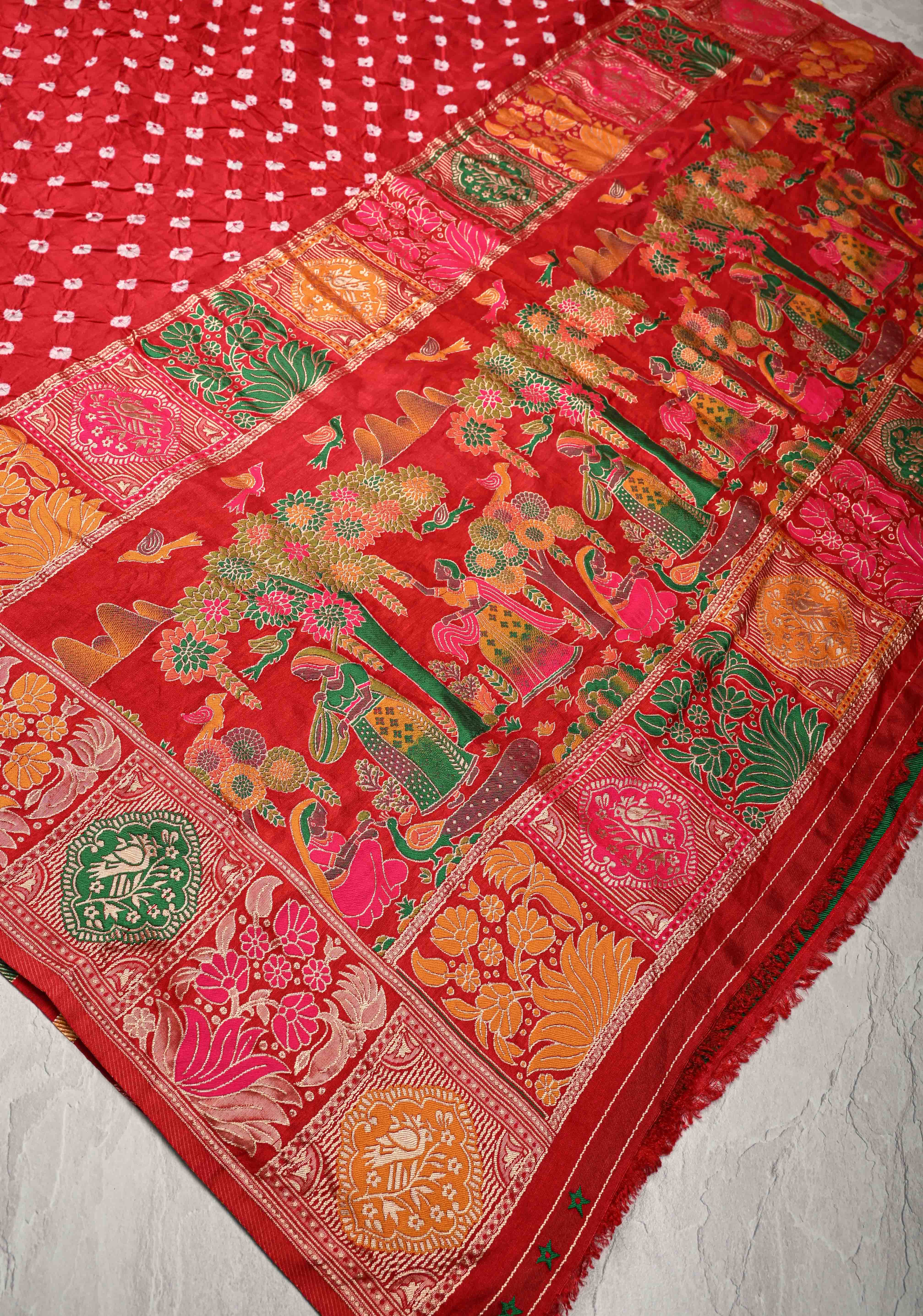 Red Crushed  Bandhani on Art Silk Saree with Meenakari Floral Zari Border and Pallu | Shobitam