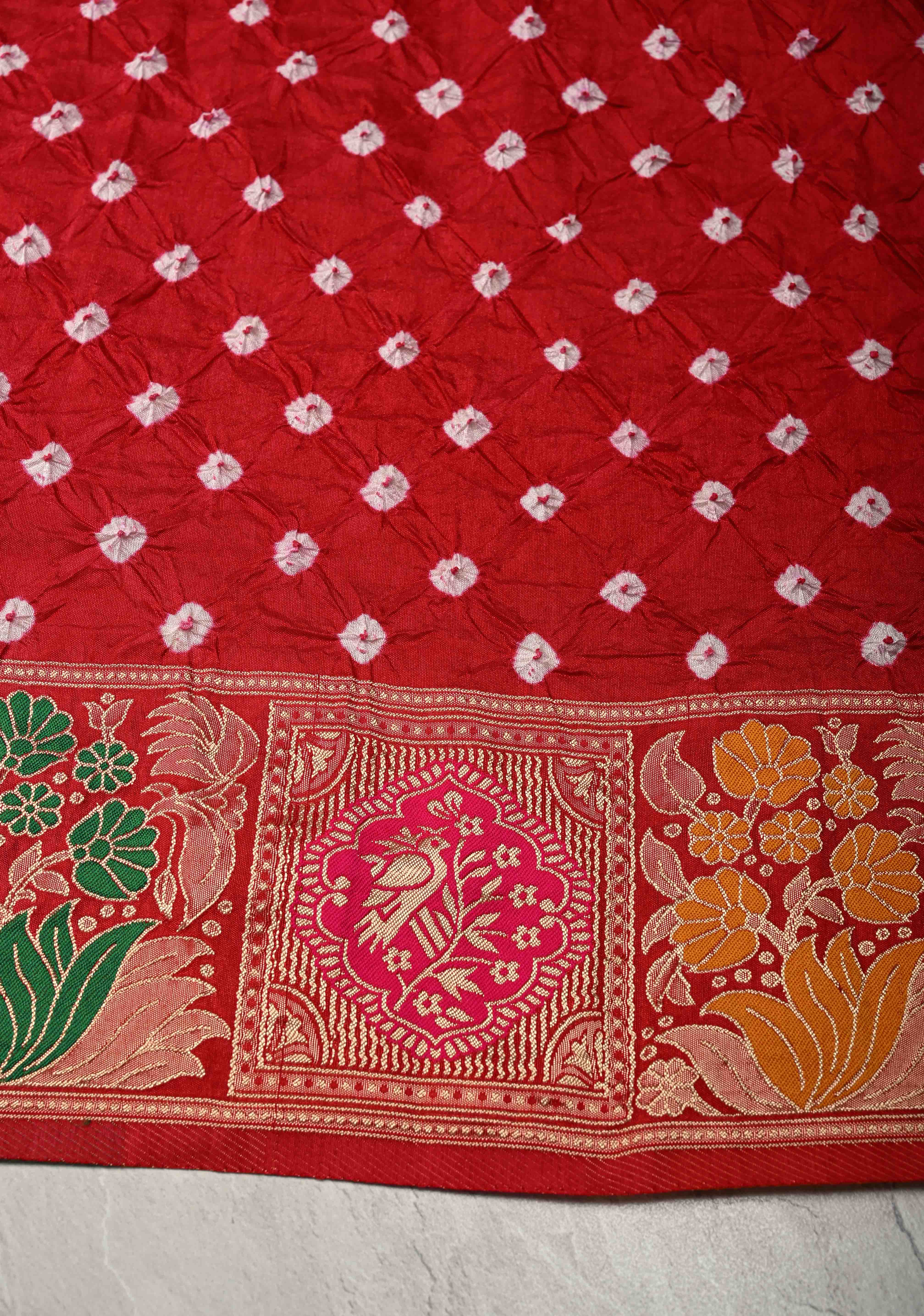 Red Crushed  Bandhani on Art Silk Saree with Meenakari Floral Zari Border and Pallu | Shobitam