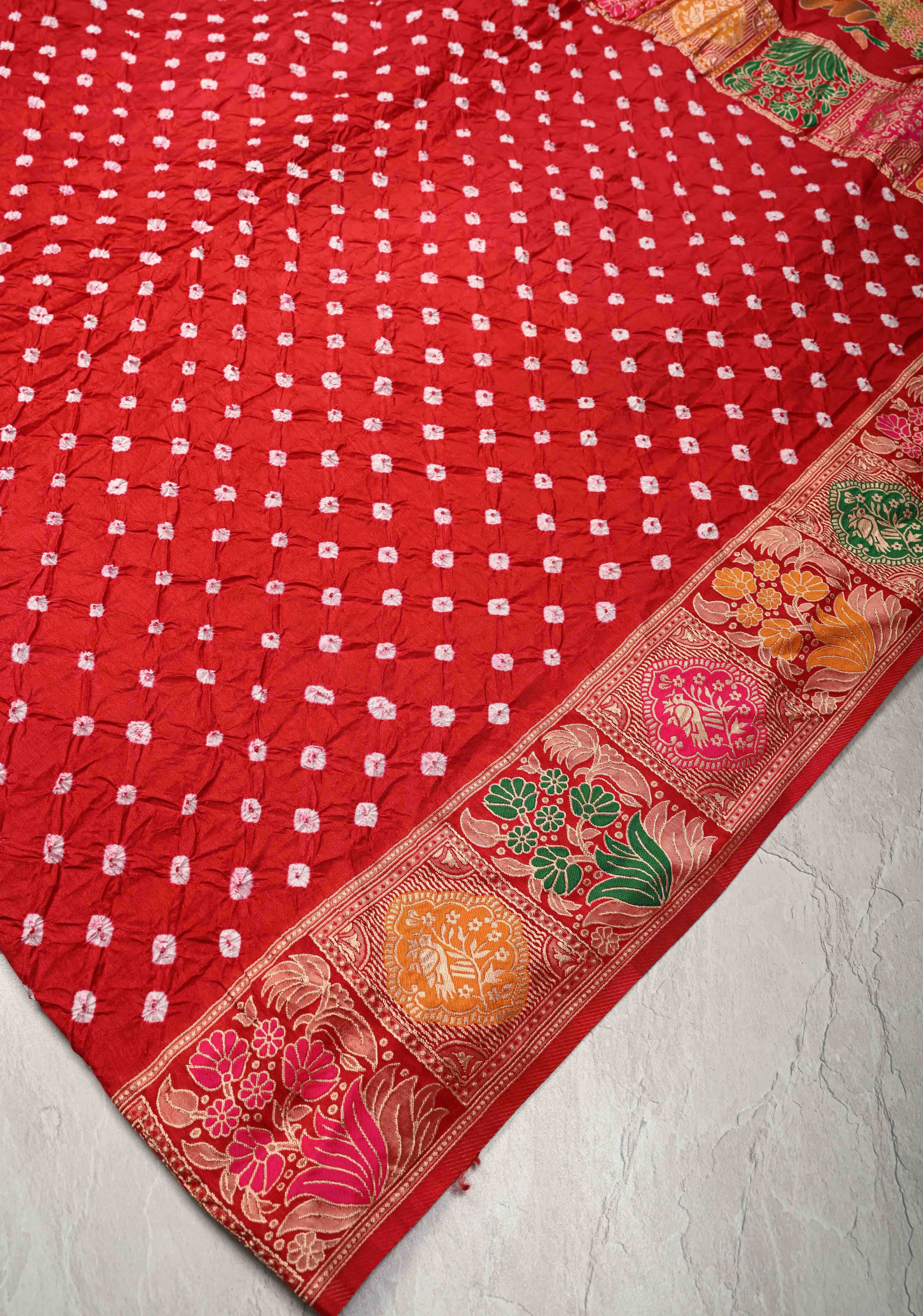 Red Crushed  Bandhani on Art Silk Saree with Meenakari Floral Zari Border and Pallu | Shobitam