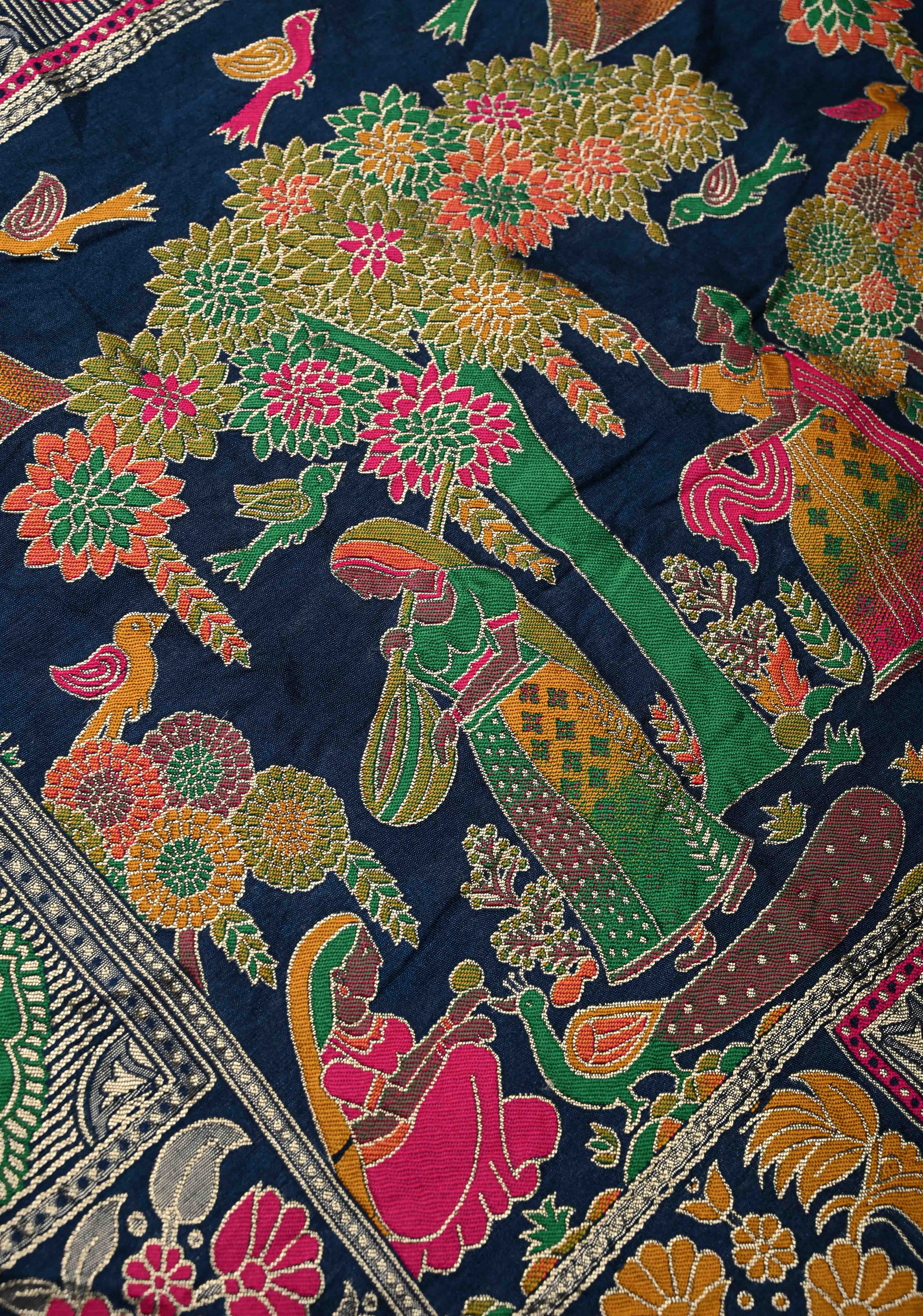 Prussian Blue Crushed Bandhini on Art Silk Saree with Meenakari Zari Border | Shobitam