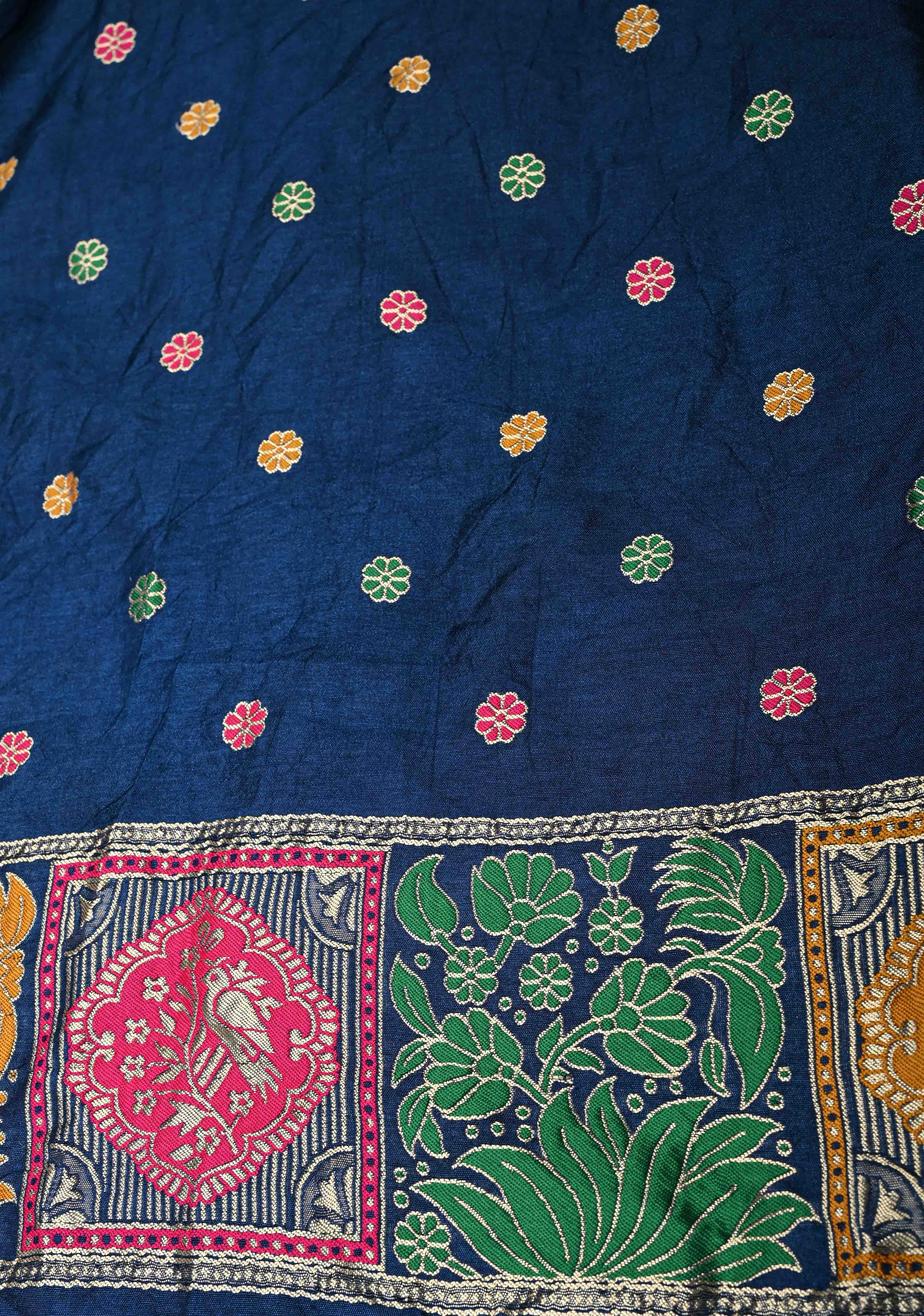 Prussian Blue Crushed Bandhini on Art Silk Saree with Meenakari Zari Border | Shobitam