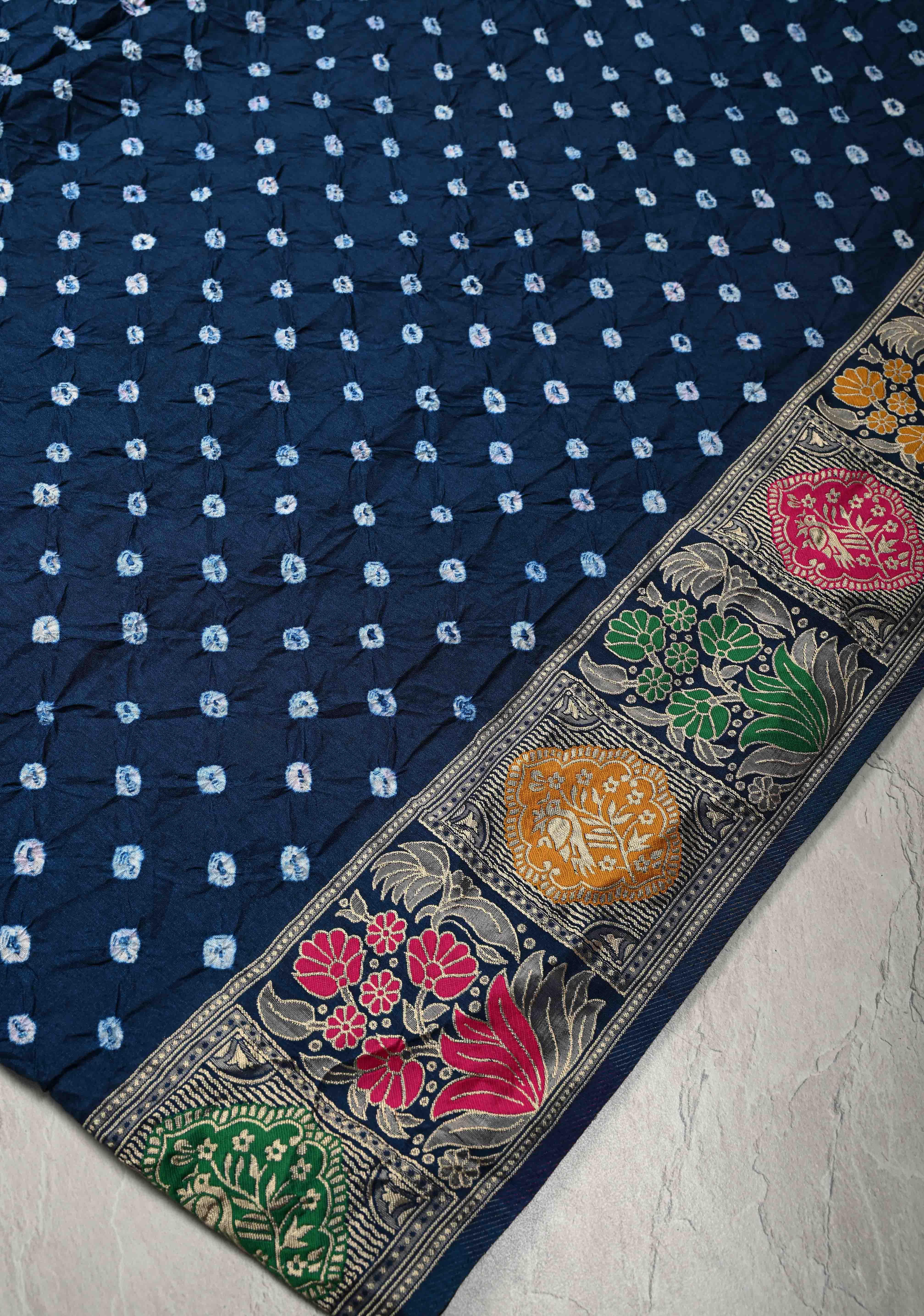 Prussian Blue Crushed Bandhini on Art Silk Saree with Meenakari Zari Border | Shobitam