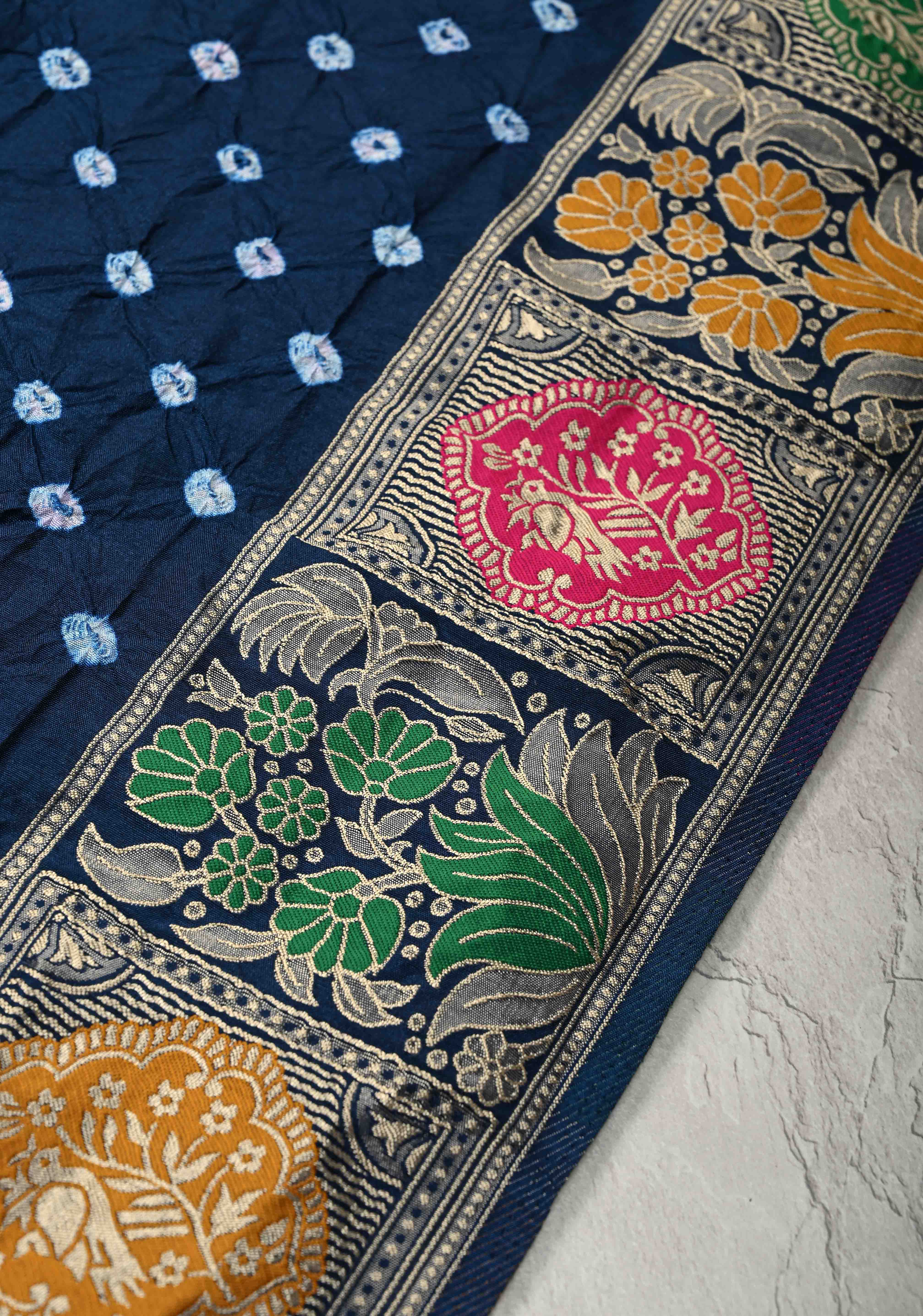 Prussian Blue Crushed Bandhini on Art Silk Saree with Meenakari Zari Border | Shobitam