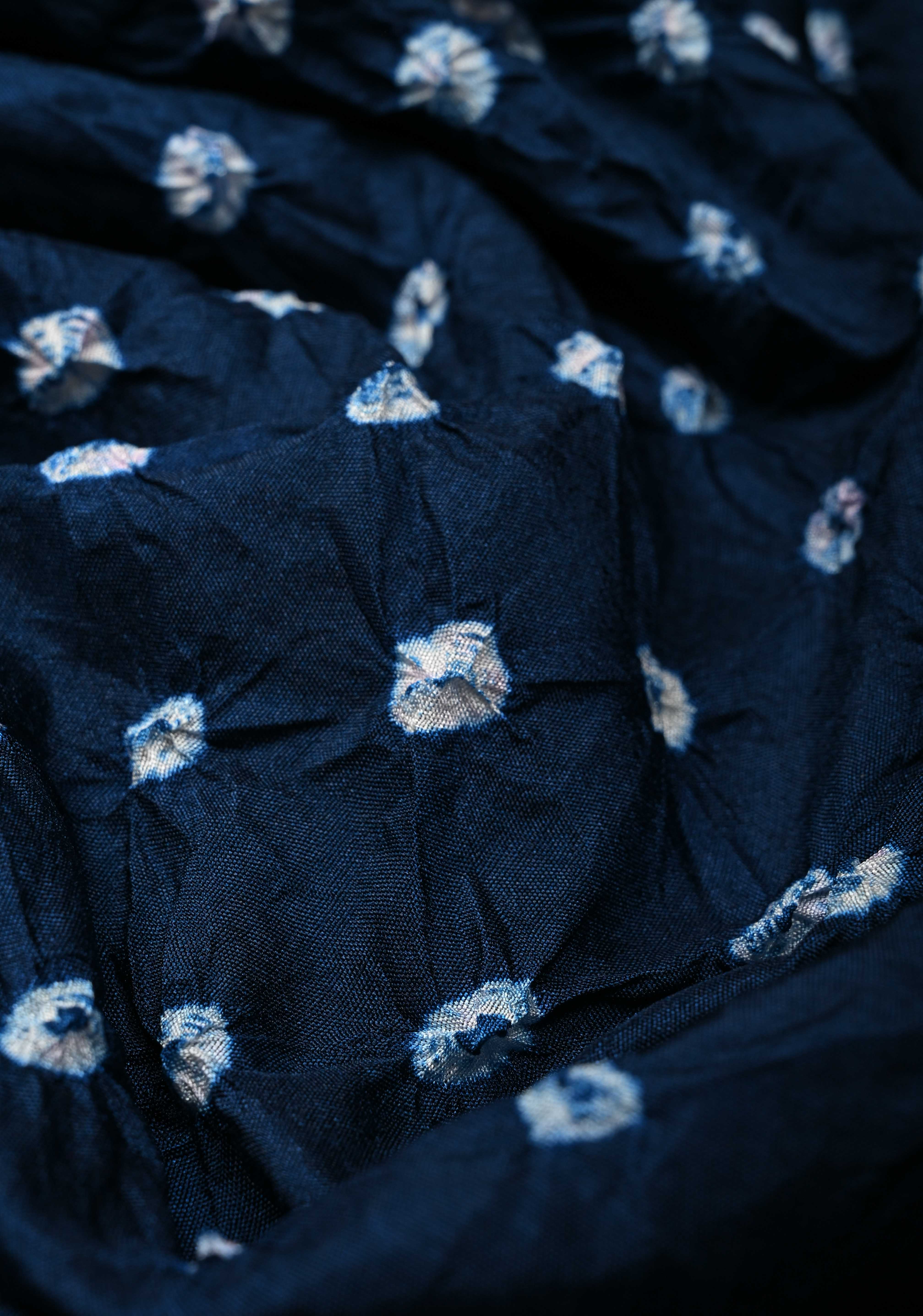 Prussian Blue Crushed Bandhini on Art Silk Saree with Meenakari Zari Border | Shobitam