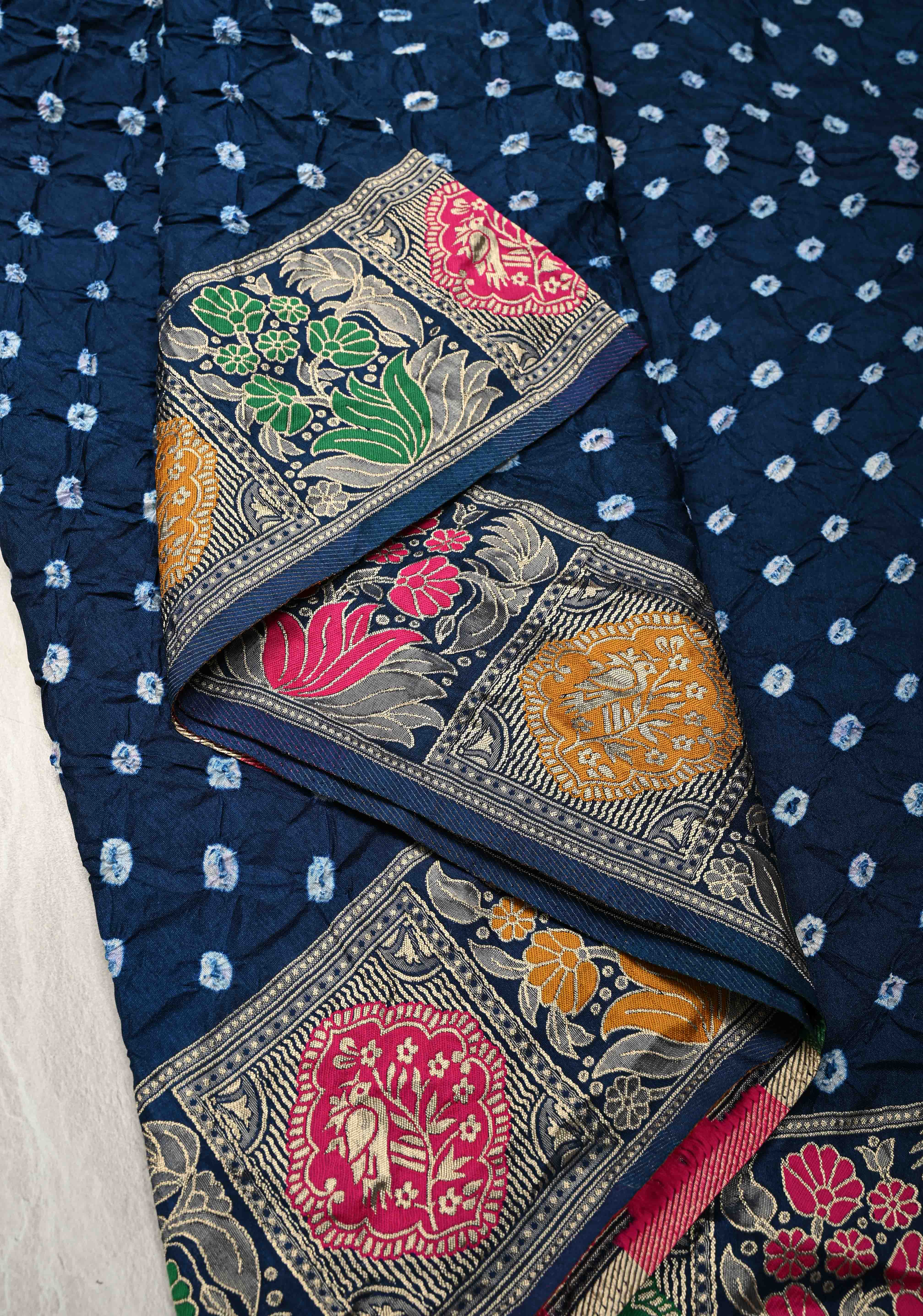 Prussian Blue Crushed Bandhini on Art Silk Saree with Meenakari Zari Border | Shobitam