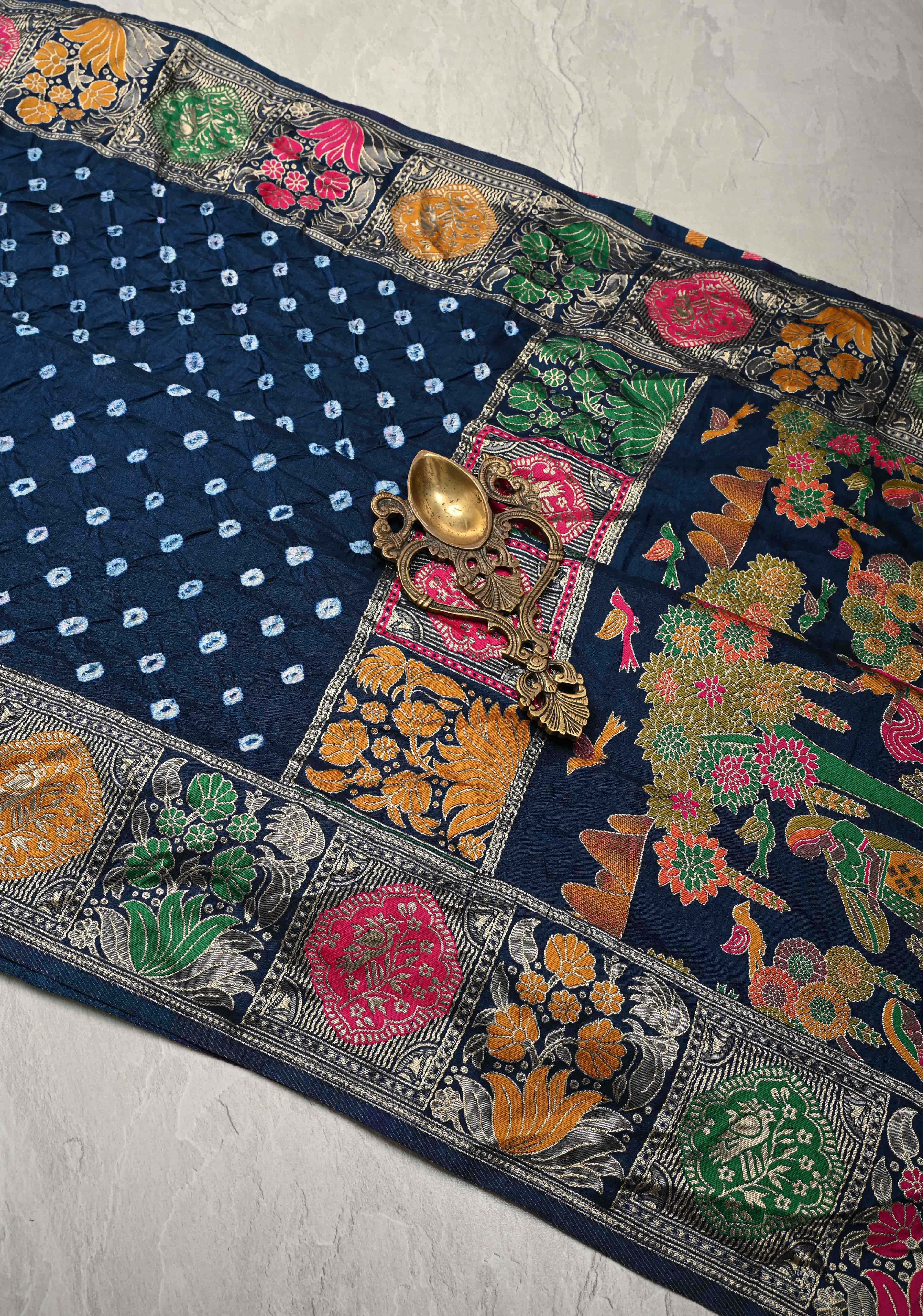 Prussian Blue Crushed Bandhini on Art Silk Saree with Meenakari Zari Border | Shobitam