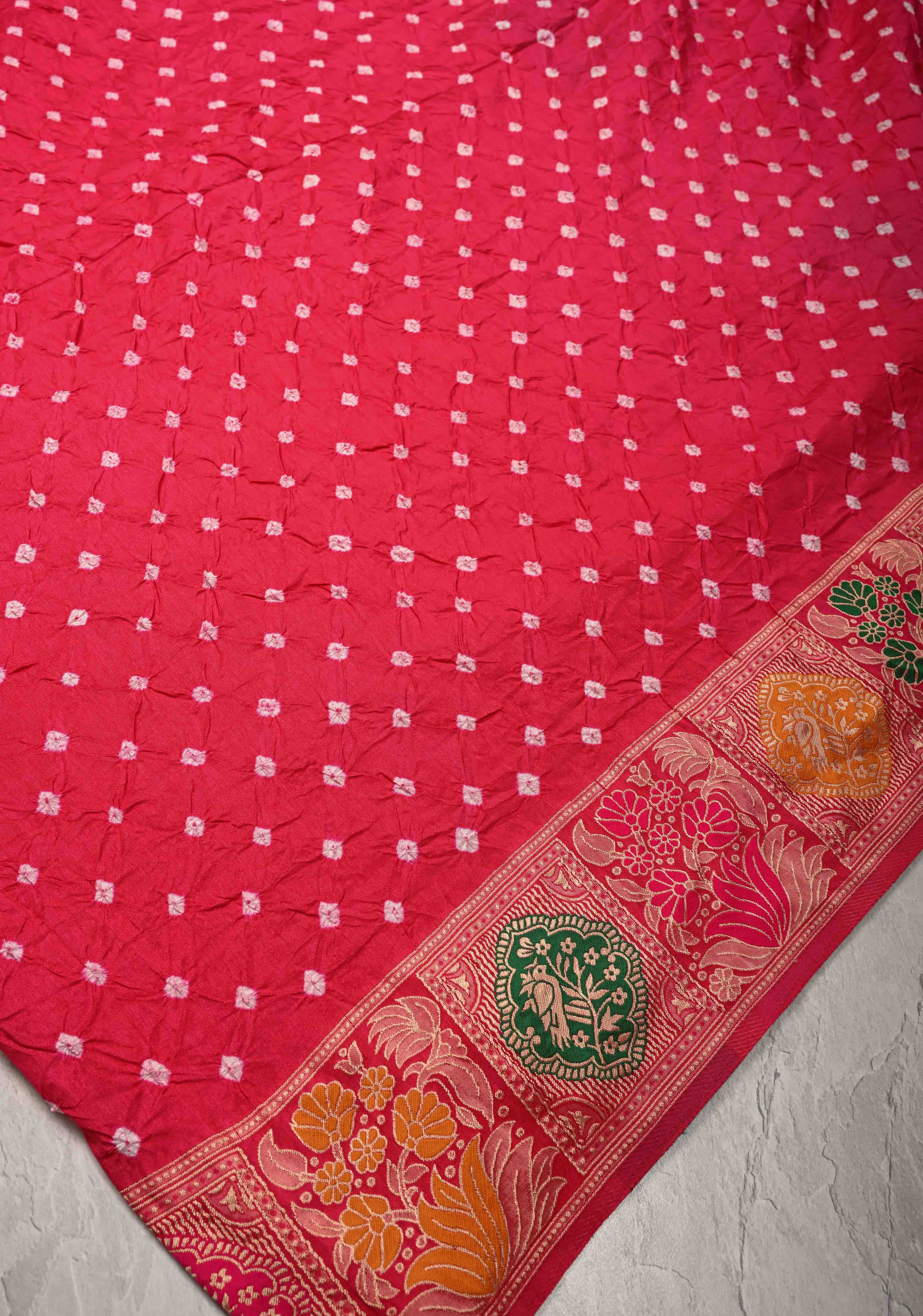 Rani Pink Crushed  Bandhani on Art Silk Saree with Meenakari Floral Zari Border and pallu | Shobitam