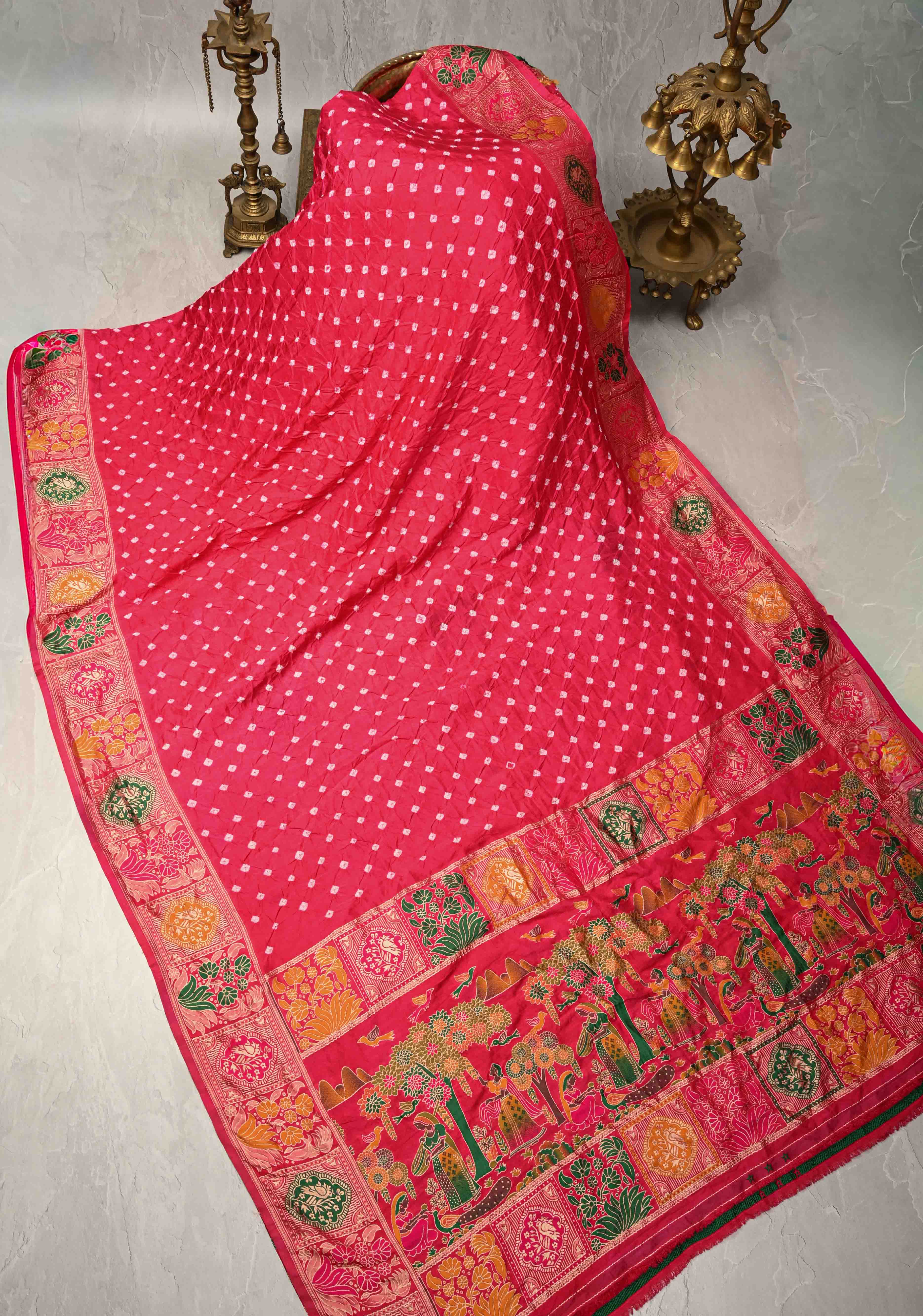 Rani Pink Crushed  Bandhani on Art Silk Saree with Meenakari Floral Zari Border and pallu | Shobitam