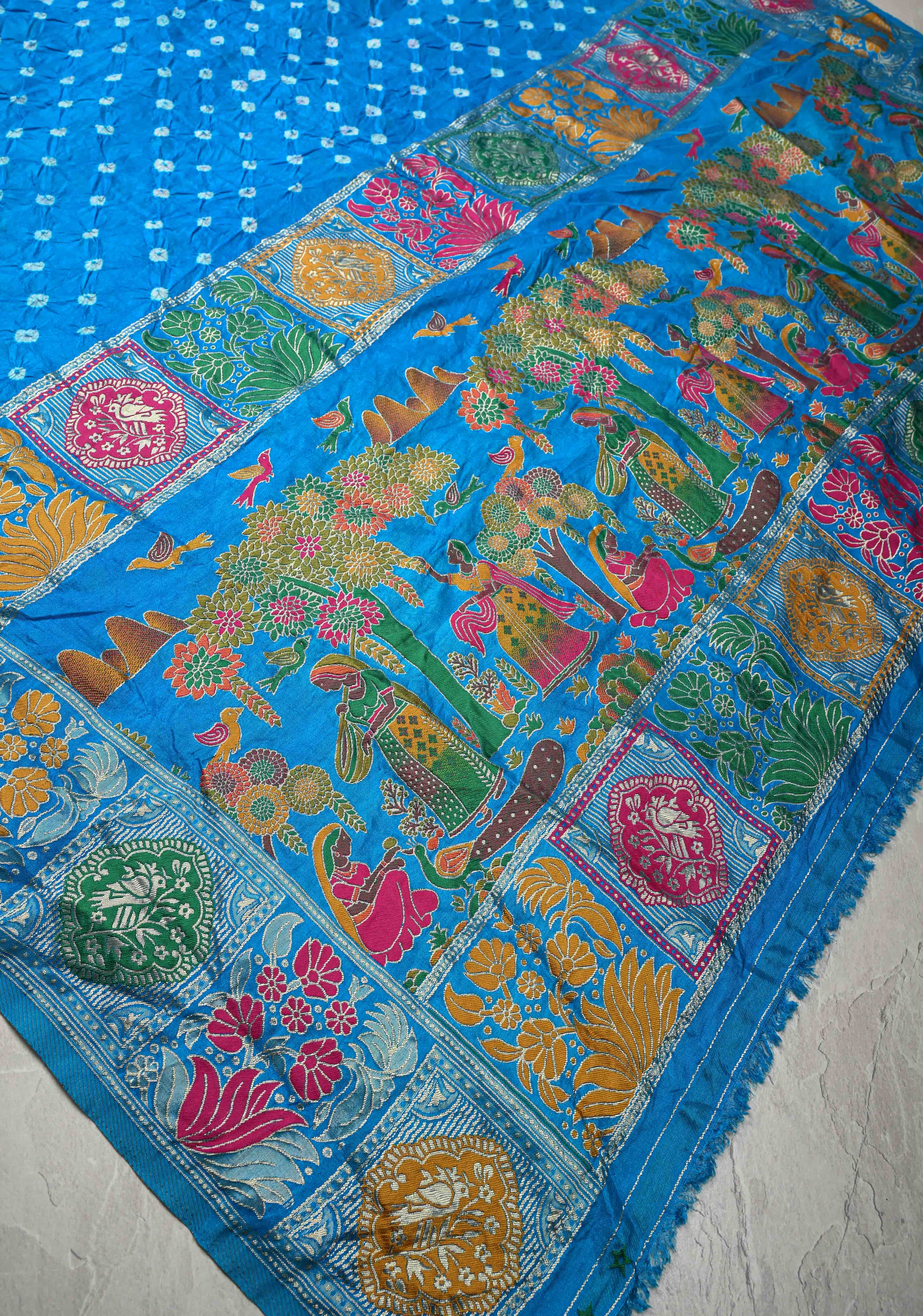Copper Sulphate Blue Crushed  Bandhani on Art Silk Saree with Meenakari Floral Zari Border and Pallu | Shobitam