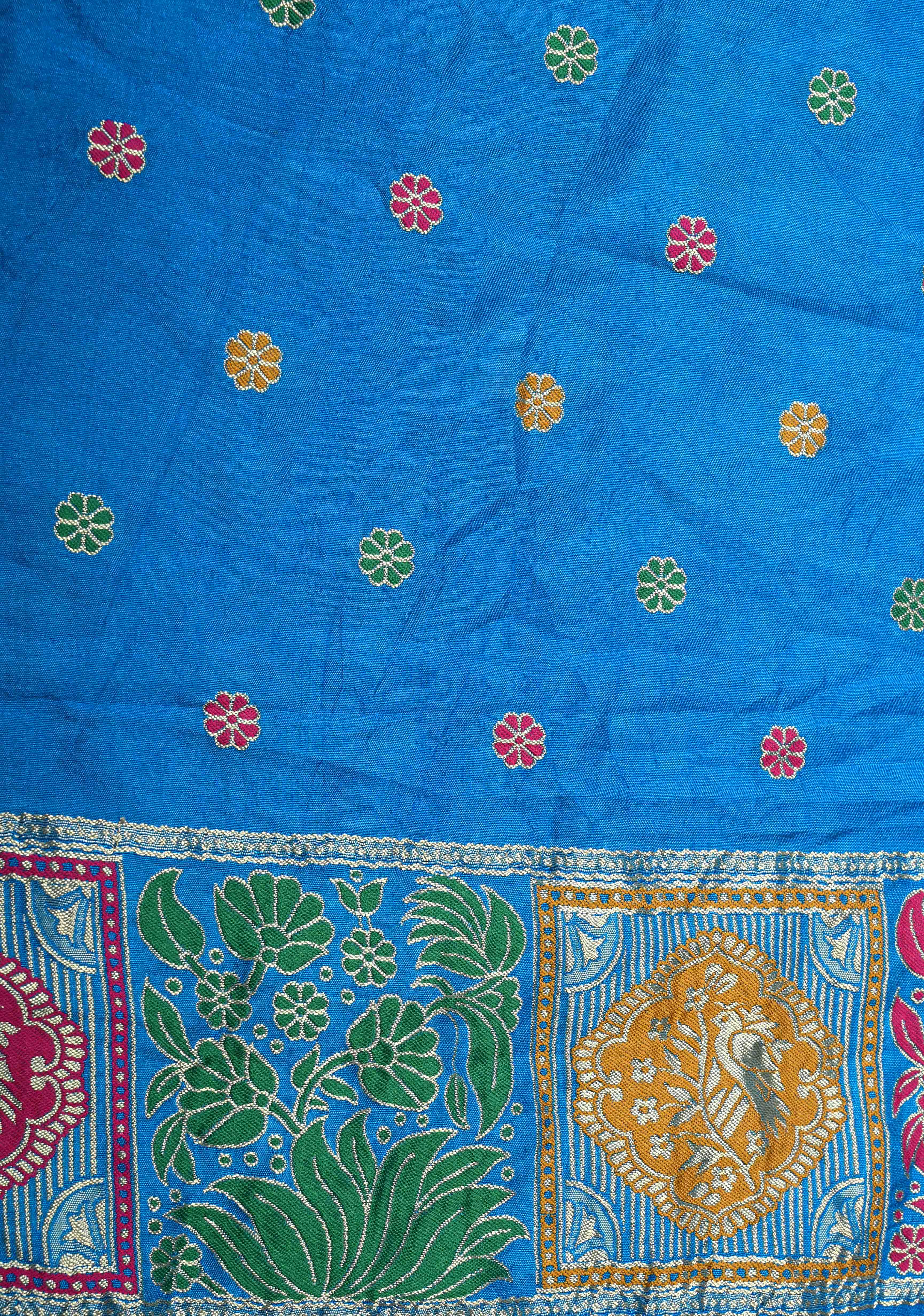 Copper Sulphate Blue Crushed  Bandhani on Art Silk Saree with Meenakari Floral Zari Border and Pallu | Shobitam