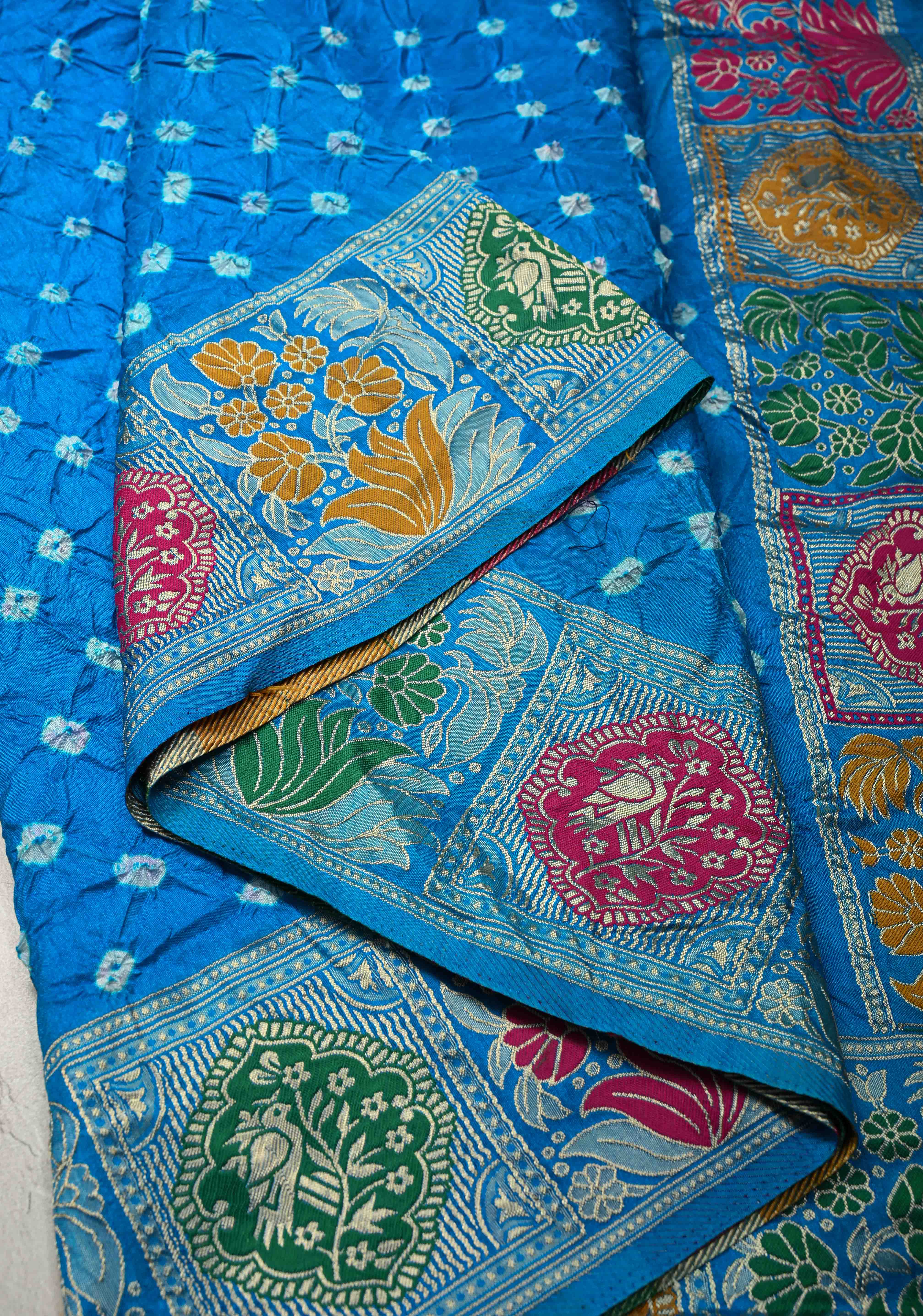 Copper Sulphate Blue Crushed  Bandhani on Art Silk Saree with Meenakari Floral Zari Border and Pallu | Shobitam