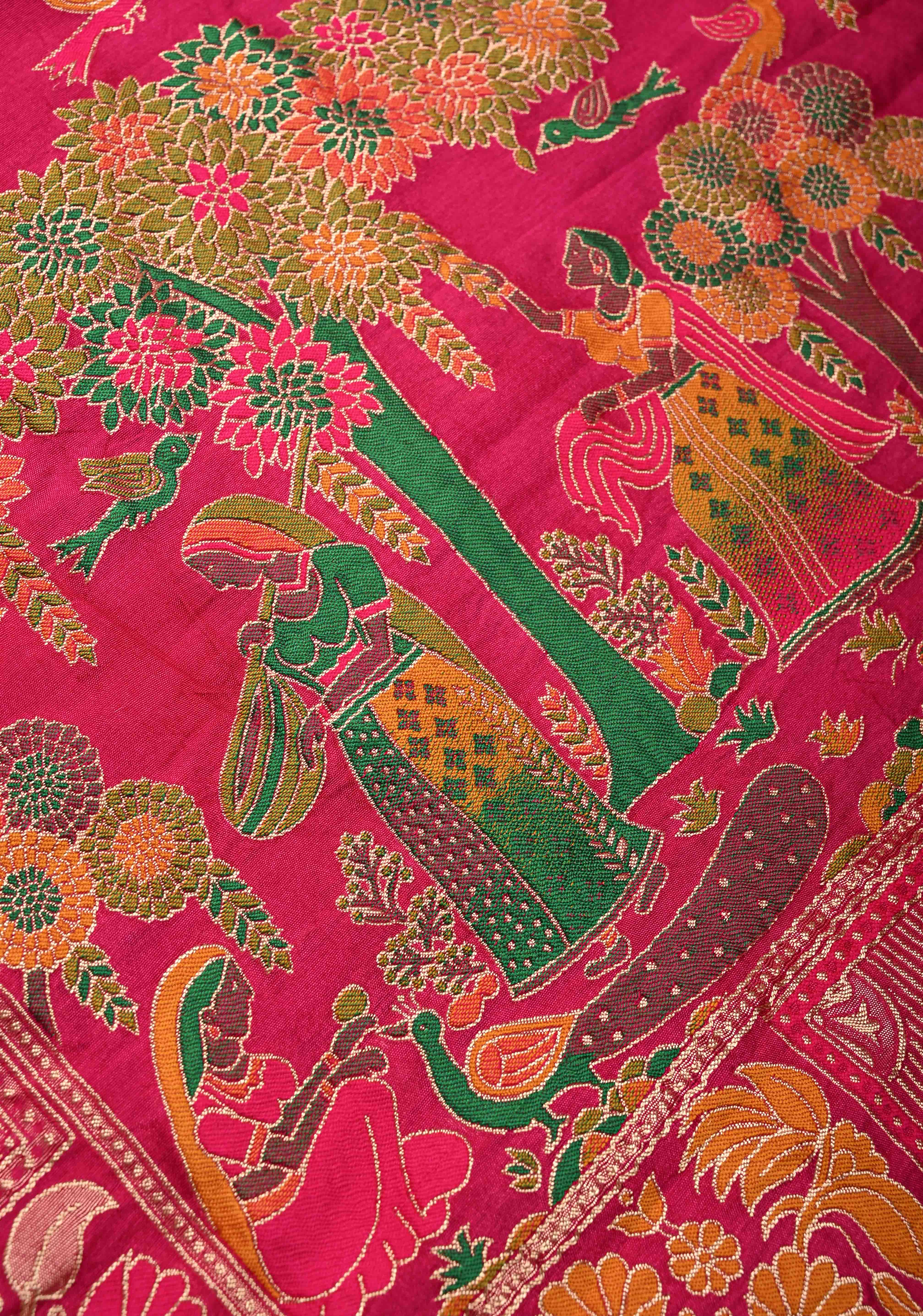 Fuchsia Pink Crushed Bandhini on Art Silk Saree with Meenakari Zari Border and Village Theme Pallu | Shobitam