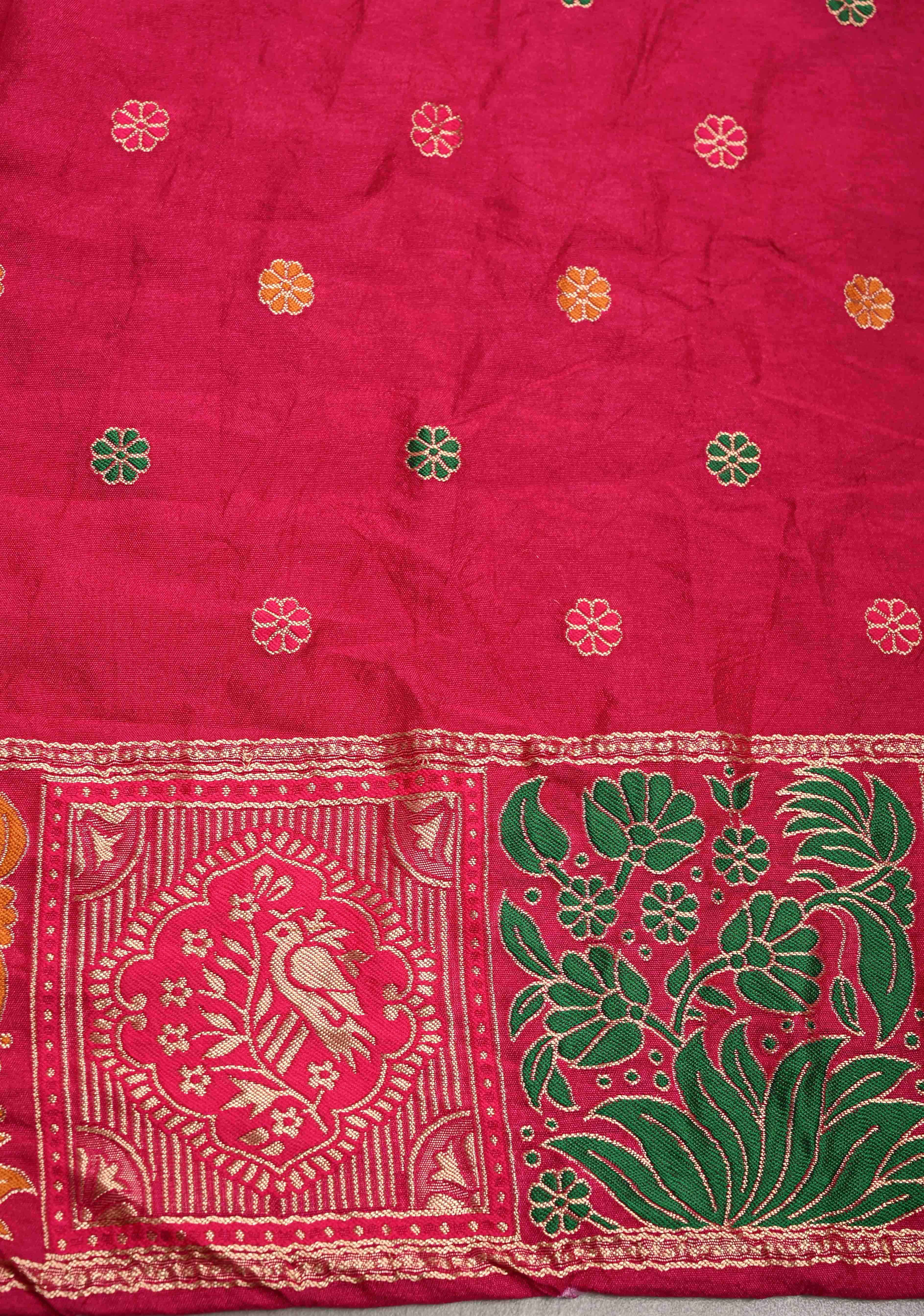 Fuchsia Pink Crushed Bandhini on Art Silk Saree with Meenakari Zari Border and Village Theme Pallu | Shobitam