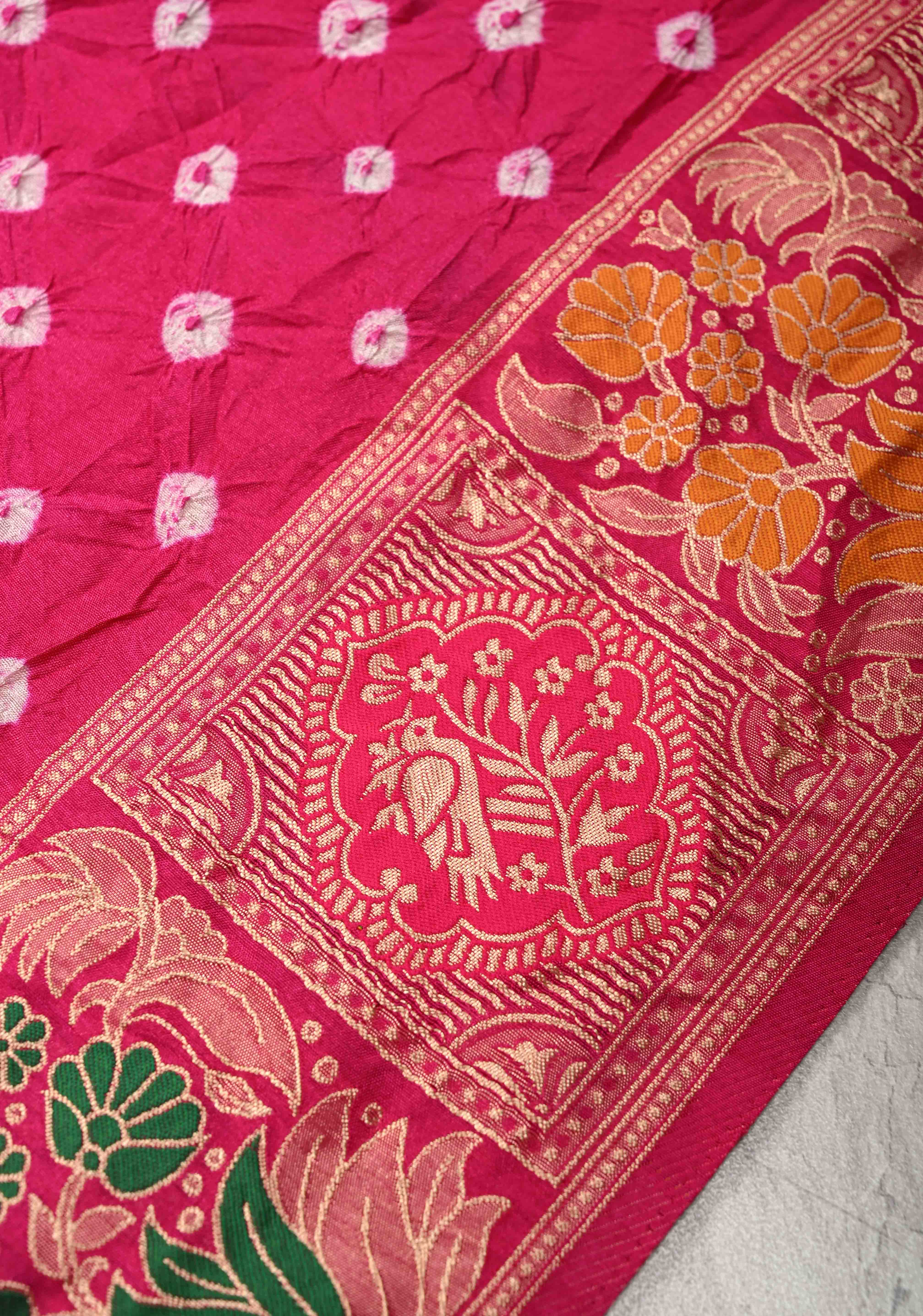 Fuchsia Pink Crushed Bandhini on Art Silk Saree with Meenakari Zari Border and Village Theme Pallu | Shobitam