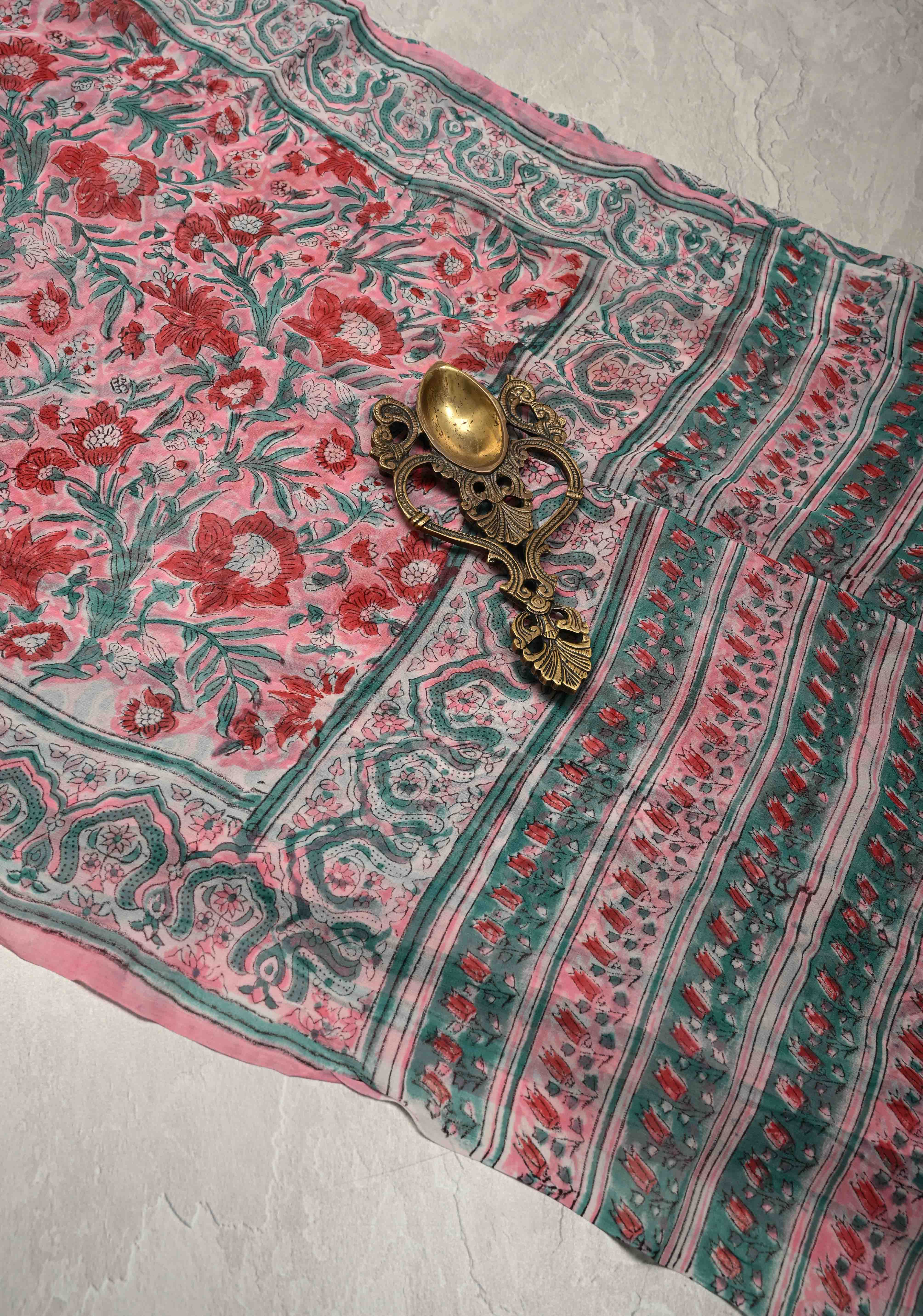 Light Pink Georgette Saree with Sanganeri Hand Block Print | Shobitam