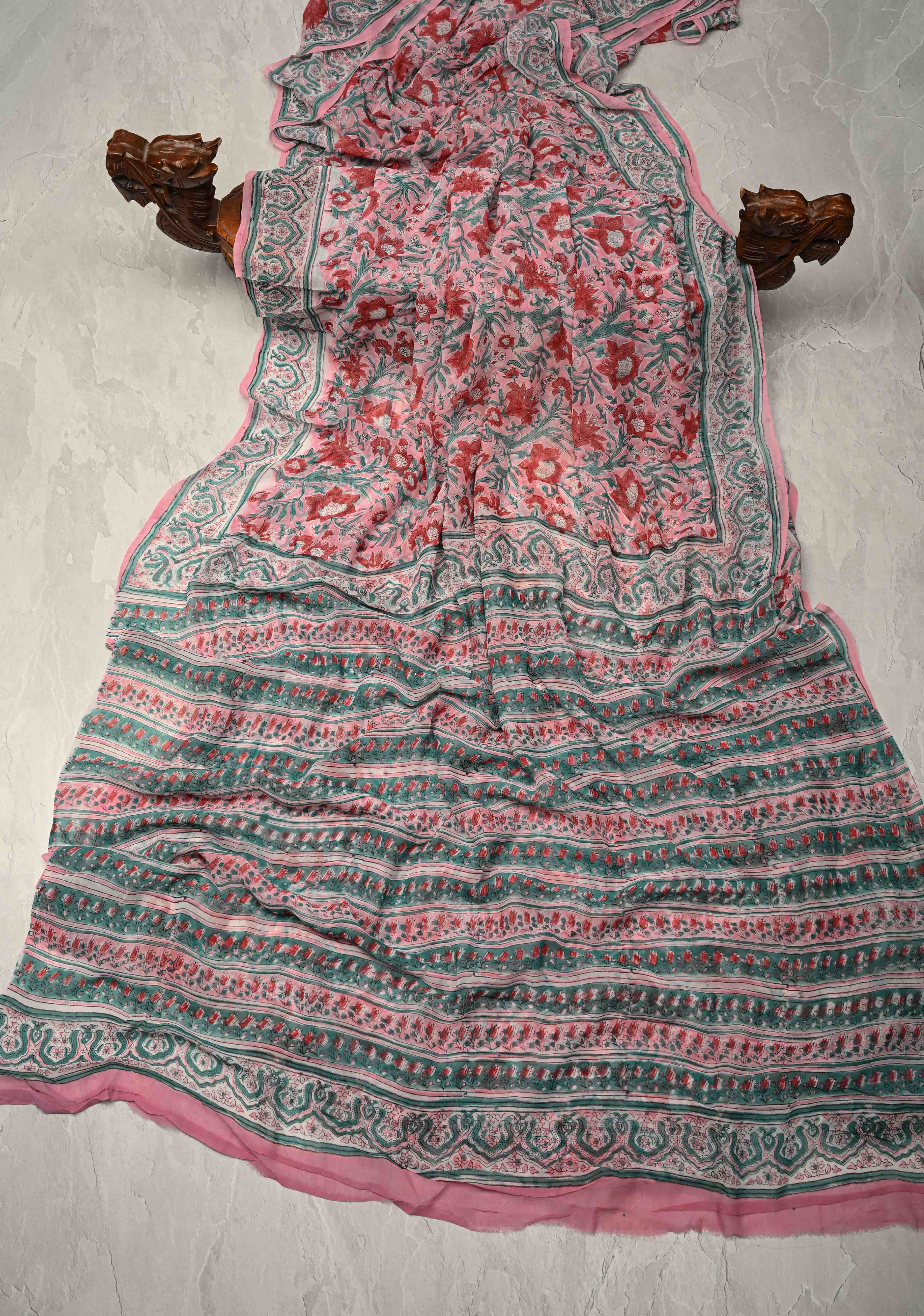 Light Pink Georgette Saree with Sanganeri Hand Block Print | Shobitam