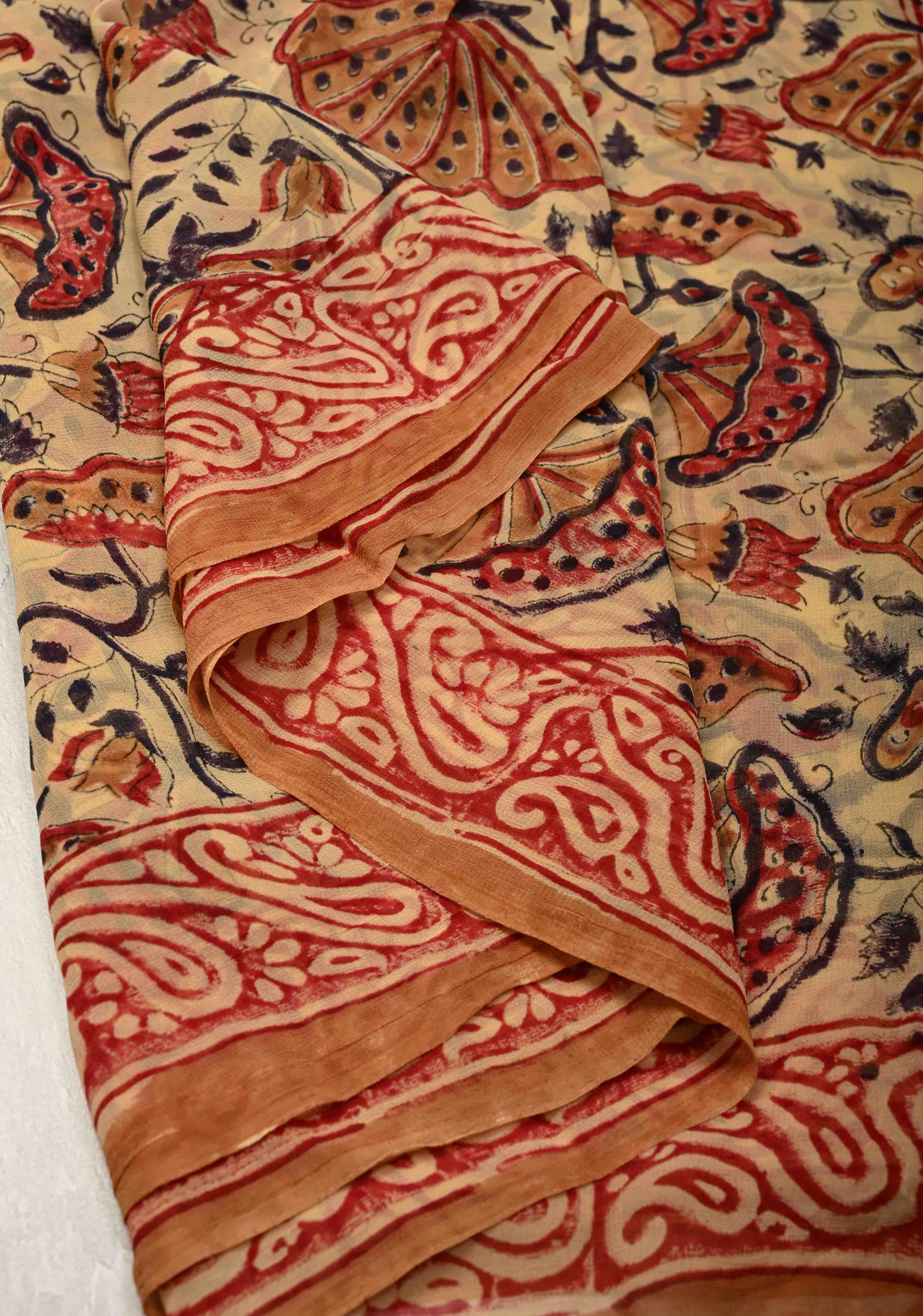 Dark Beige Georgette Saree with Sanganeri Hand Block Print | Shobitam