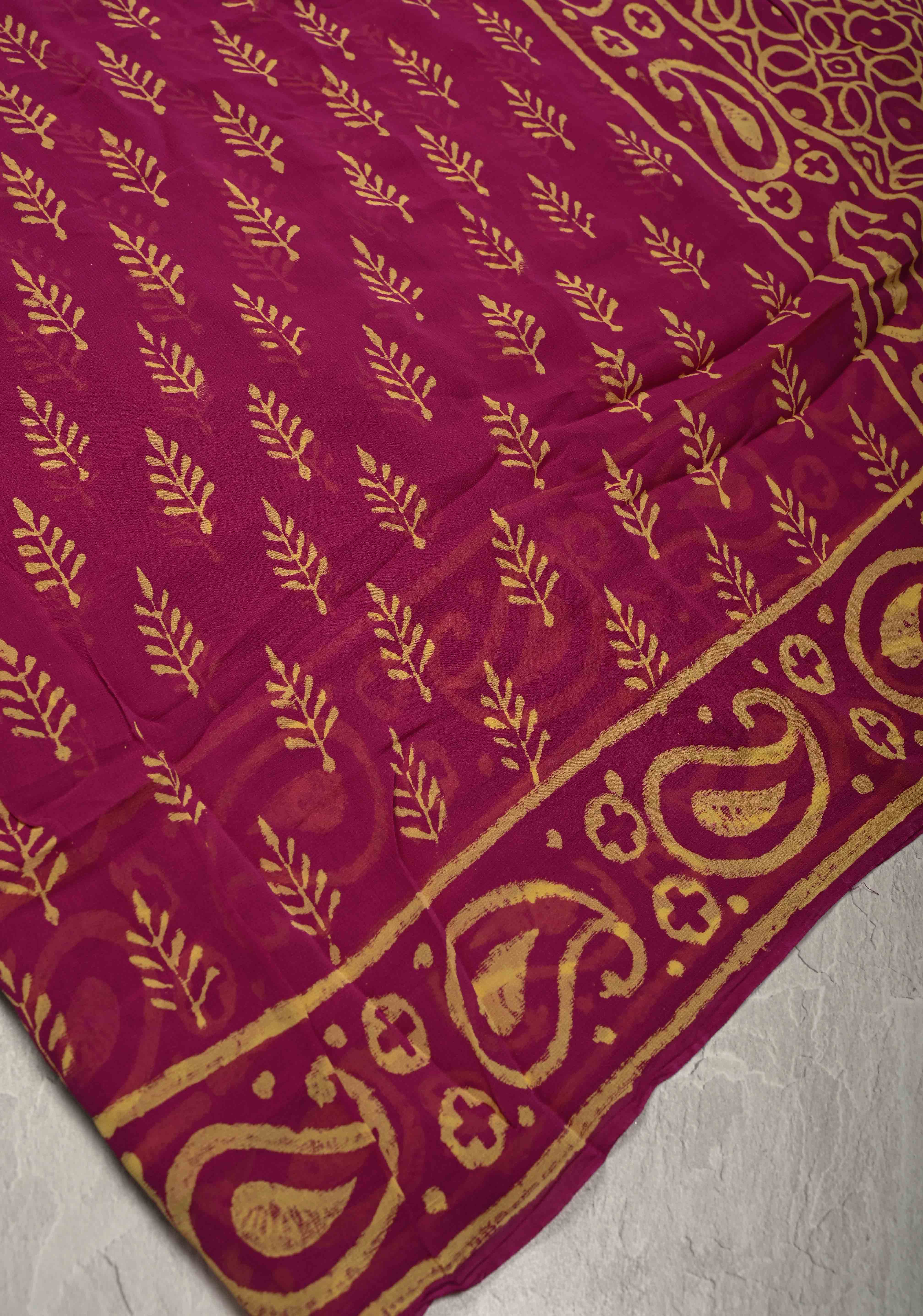 Magenta Georgette Saree with Sanganeri Hand Block Print | Shobitam