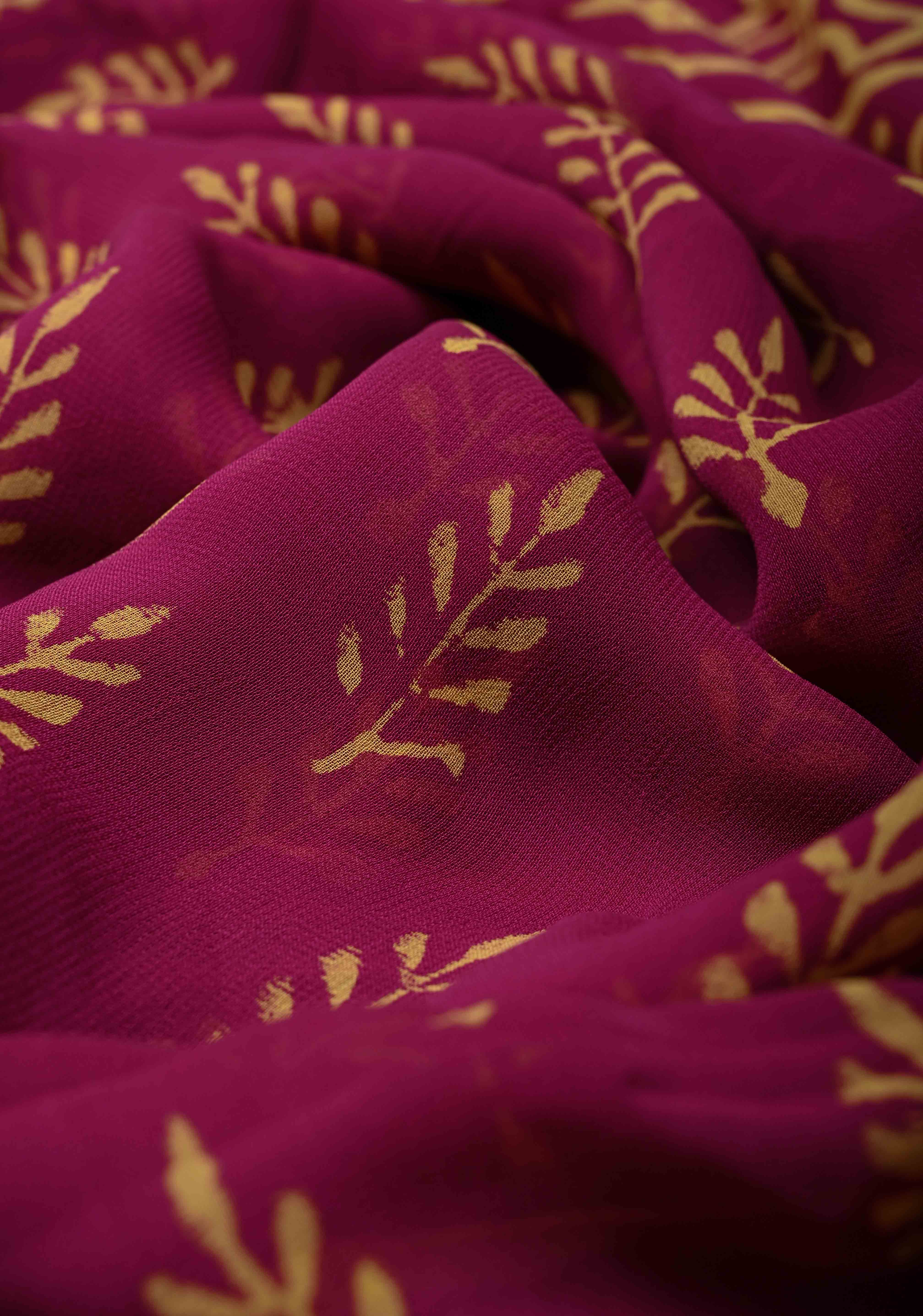Magenta Georgette Saree with Sanganeri Hand Block Print | Shobitam