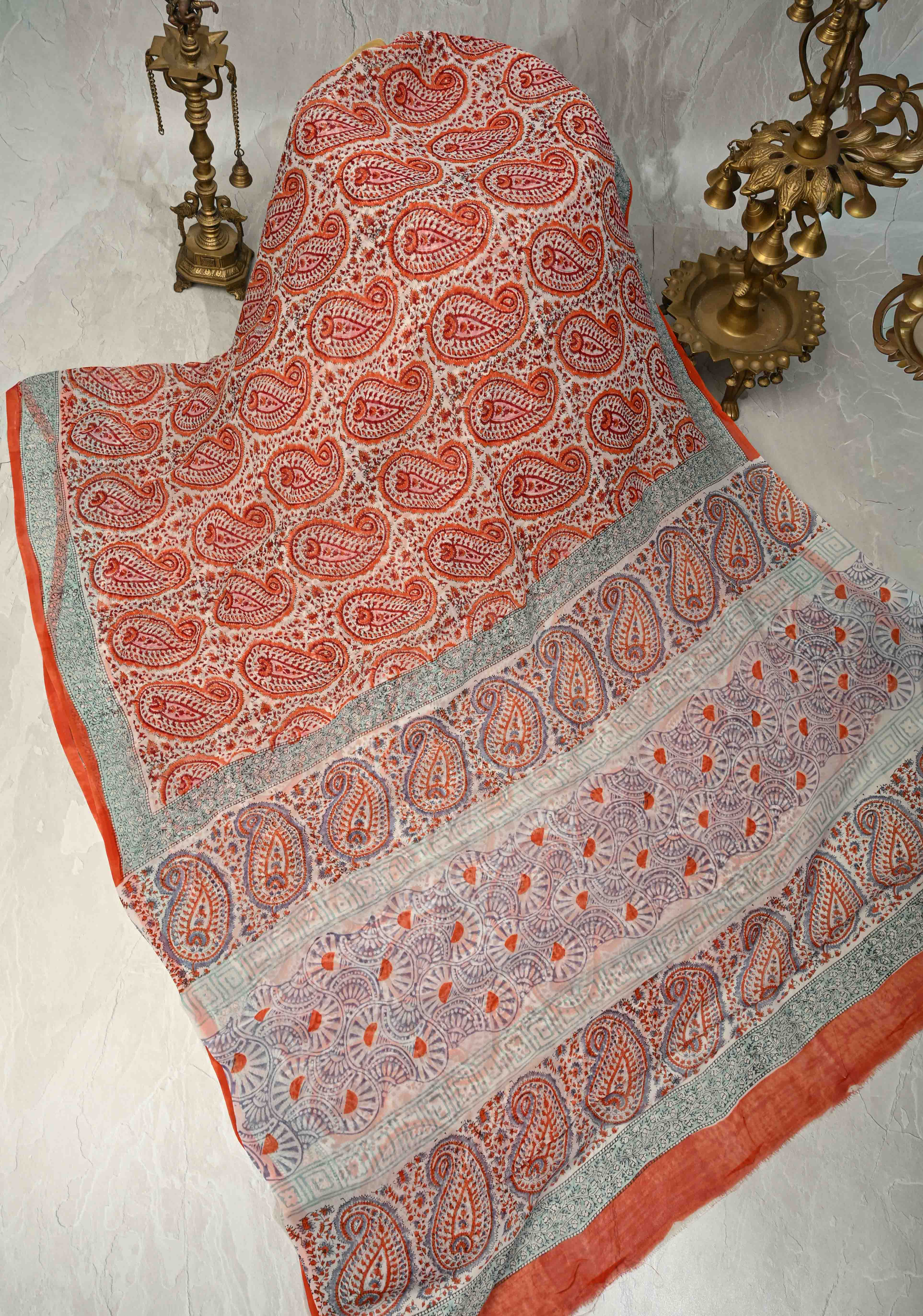 White Georgette Saree with Sanganeri Hand Block Print | Shobitam