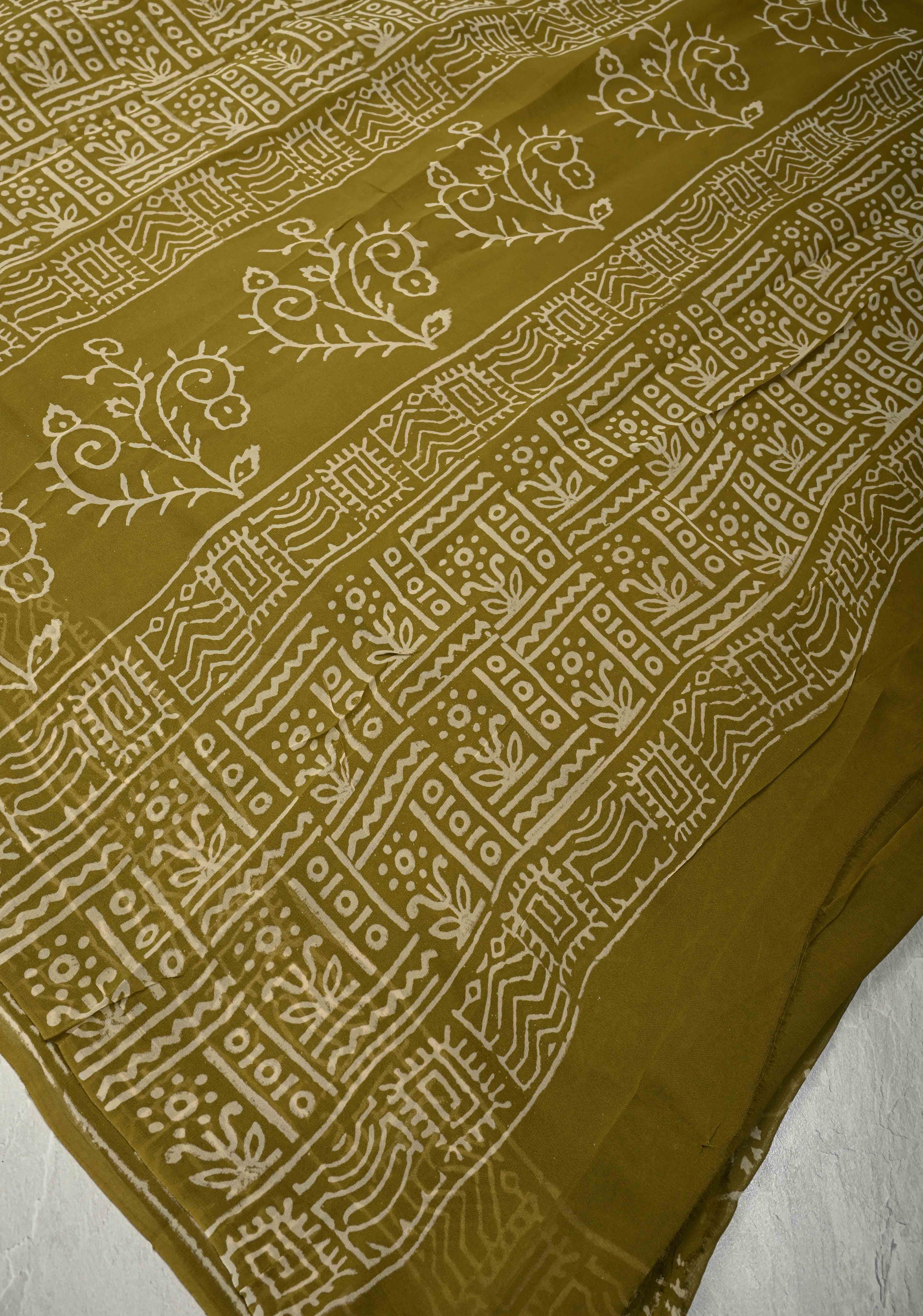 Ollive Green Georgette Saree with Sanganeri Hand Block Print | Shobitam