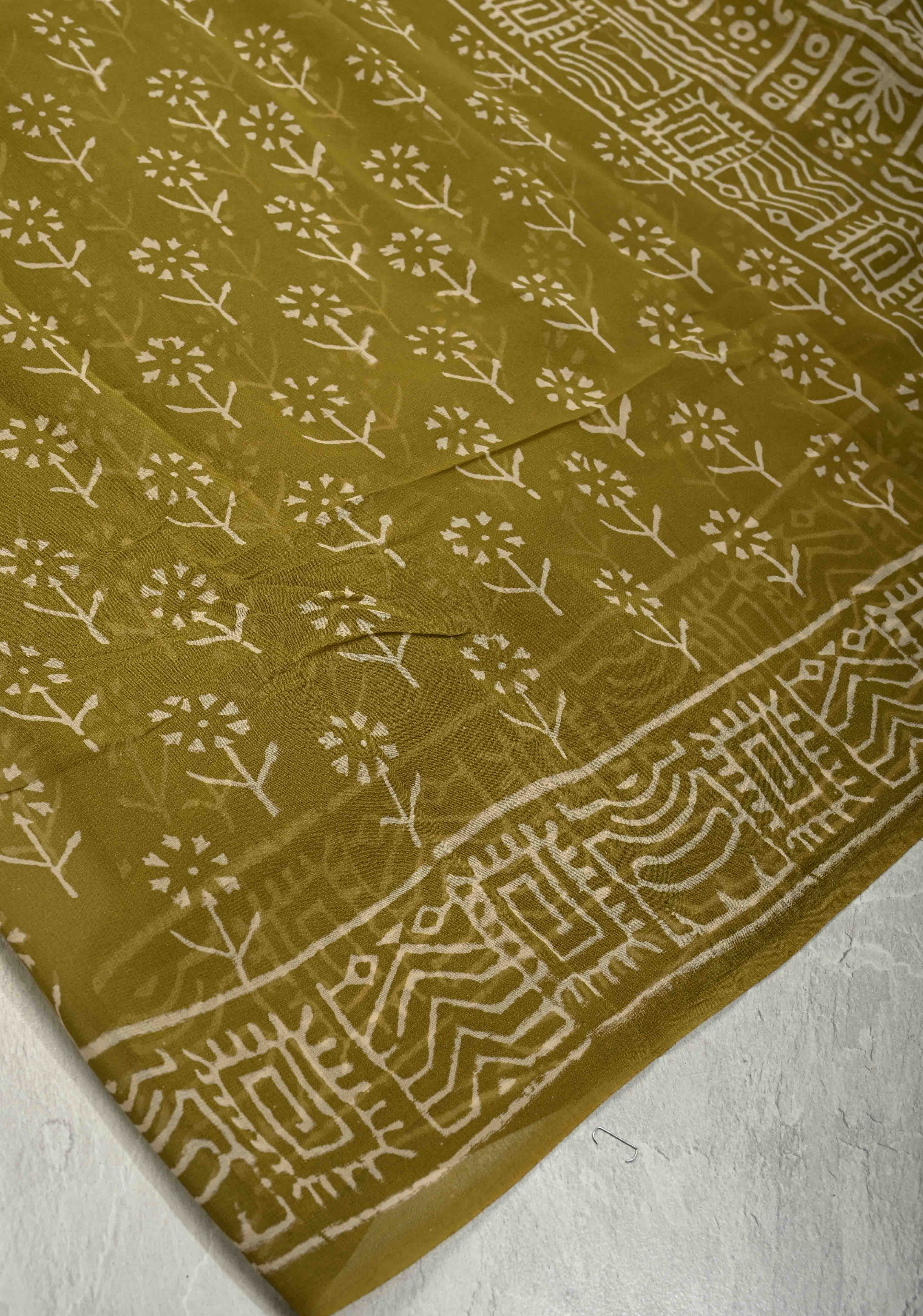 Ollive Green Georgette Saree with Sanganeri Hand Block Print | Shobitam