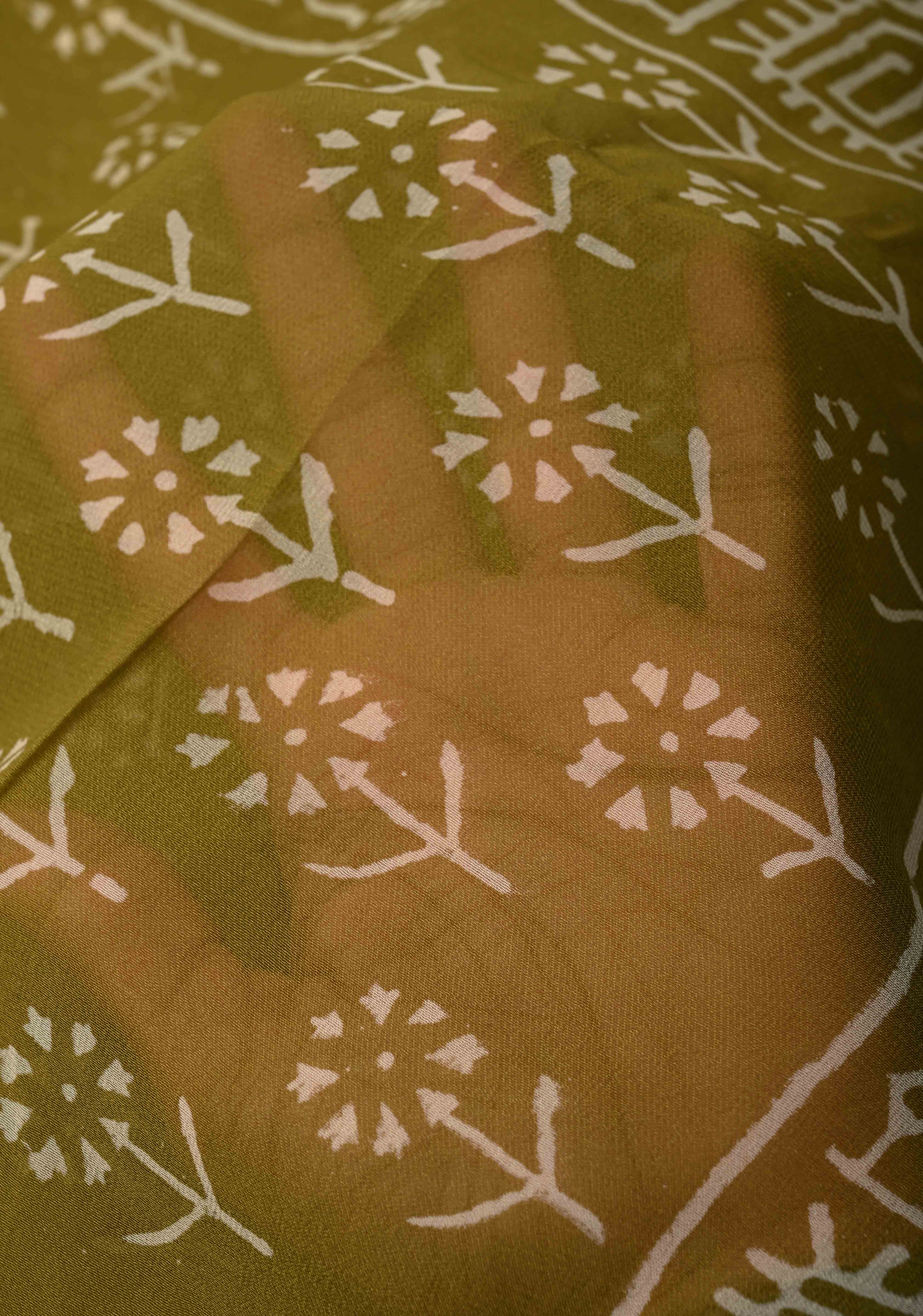 Ollive Green Georgette Saree with Sanganeri Hand Block Print | Shobitam
