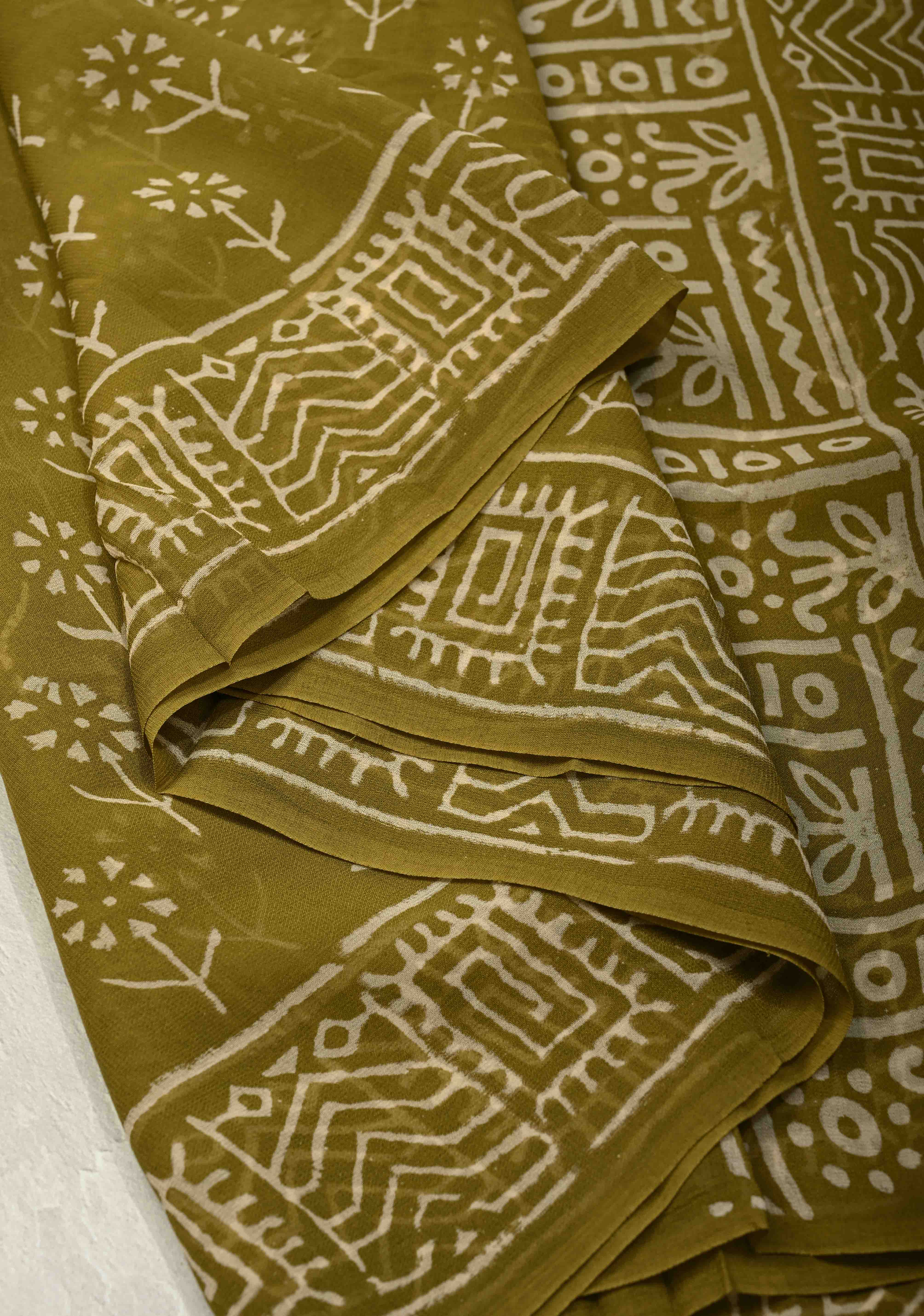 Ollive Green Georgette Saree with Sanganeri Hand Block Print | Shobitam