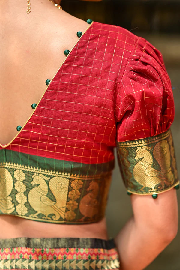 Red Green Plunge Neck Blouse in Chettinadu Cotton with Zari detailing