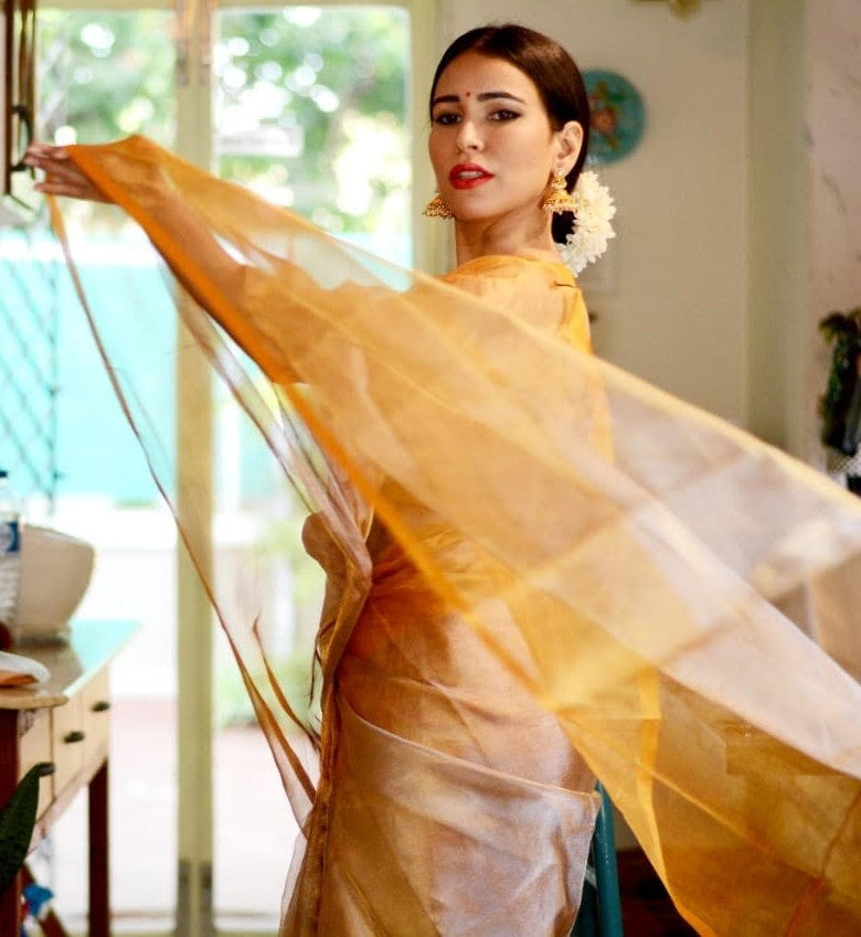 Sun And Sand- Handwoven Silver Gold Tissue Saree-Shobitam