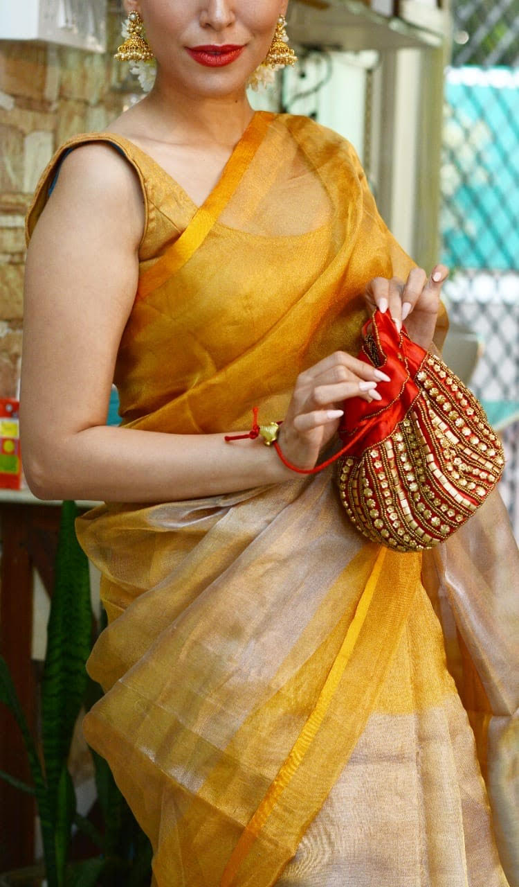 Sun And Sand- Handwoven Silver Gold Tissue Saree-Shobitam