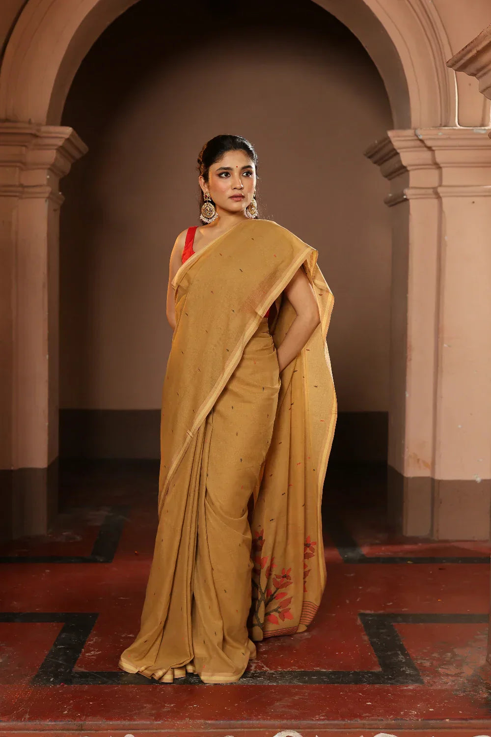 Handloom Peanut Brown Pure Cotton Jamdani Saree | Shobitam